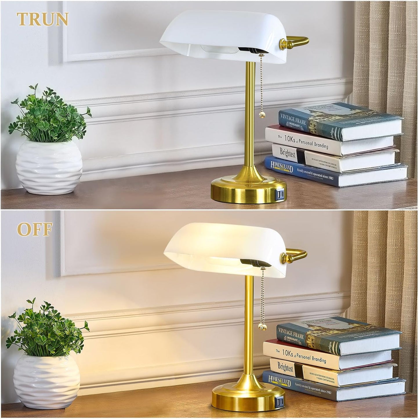 Vintage Desk Lamp Bankers Lamp - Plastic Lampshade Retro Table Lamp with USB & Type C Charging Ports Traditional Library Lamp for Home Office Nightstand Bedroom Side Table Lamp(T45 Bulb Included)