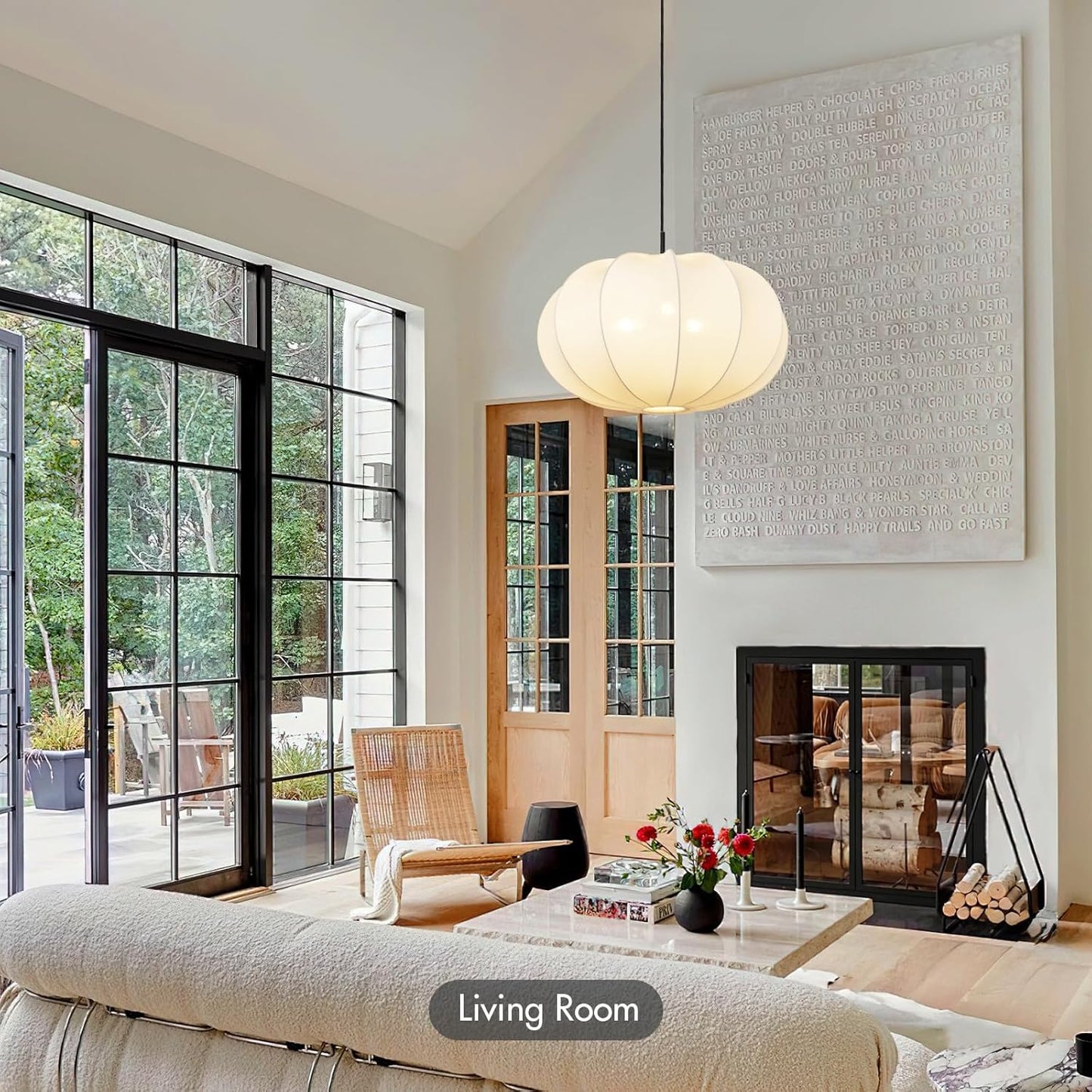 24 Inch Modern Chandelier with Stretch Linen Shade, Adjustable Height Pendant Light for Dining Room, Kitchen Island, Living Room, and Entryway Ceiling Light Fixtures