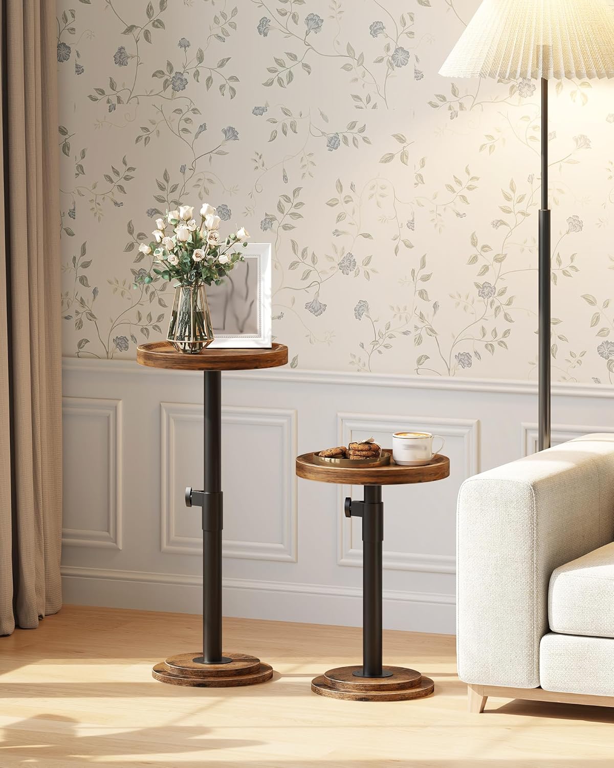 Small Round Side Table, Height Adjustable Drink Table, Pedestal Martini Table with Thickened Base, for Small Space, Sofa, Living Room, Bedroom, Rustic Brown and Black TBZ31BF