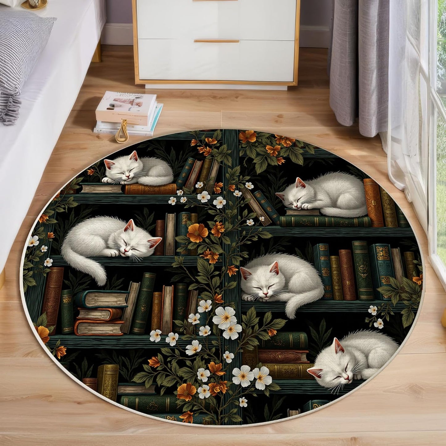 Washable Retro Cat Bookshelf Area Rug, 5.25Ft Round Rugs for Living Room Soft Carpet for Bedroom Fantasy Illustration Indoor Stain Resistant Non-Shedding Floor Carpet, Black, 5.25Ft-Round