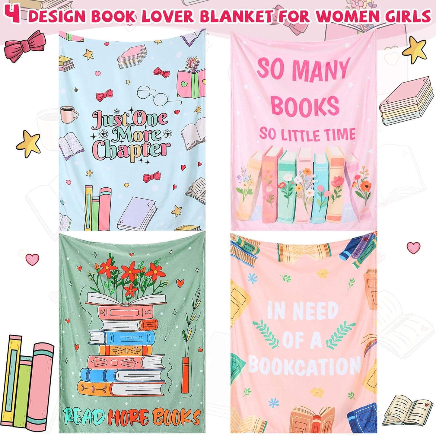 VitalCozy 4 Pack Book Throw Blankets for Teens Adult Flannel Reading Blankets Soft Fleece Blanket Birthday Gifts for Book Lovers Bookish Librarians, 40''x50''