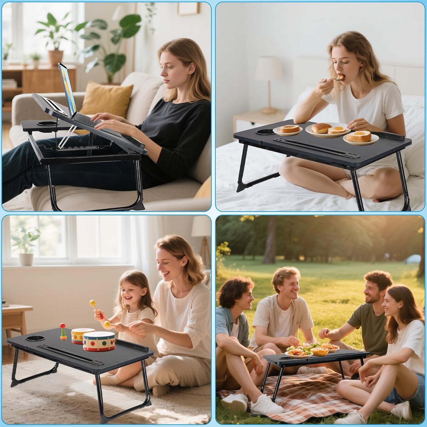 Laptop Bed Desk, Adjustable Lap Desk, Small Laptop Table with USB Charge Port, Desktop Card &Pen Slot, Cup Holder, Foldable Bed Tray Table for Couch Sofa Chair Floor Eating Working