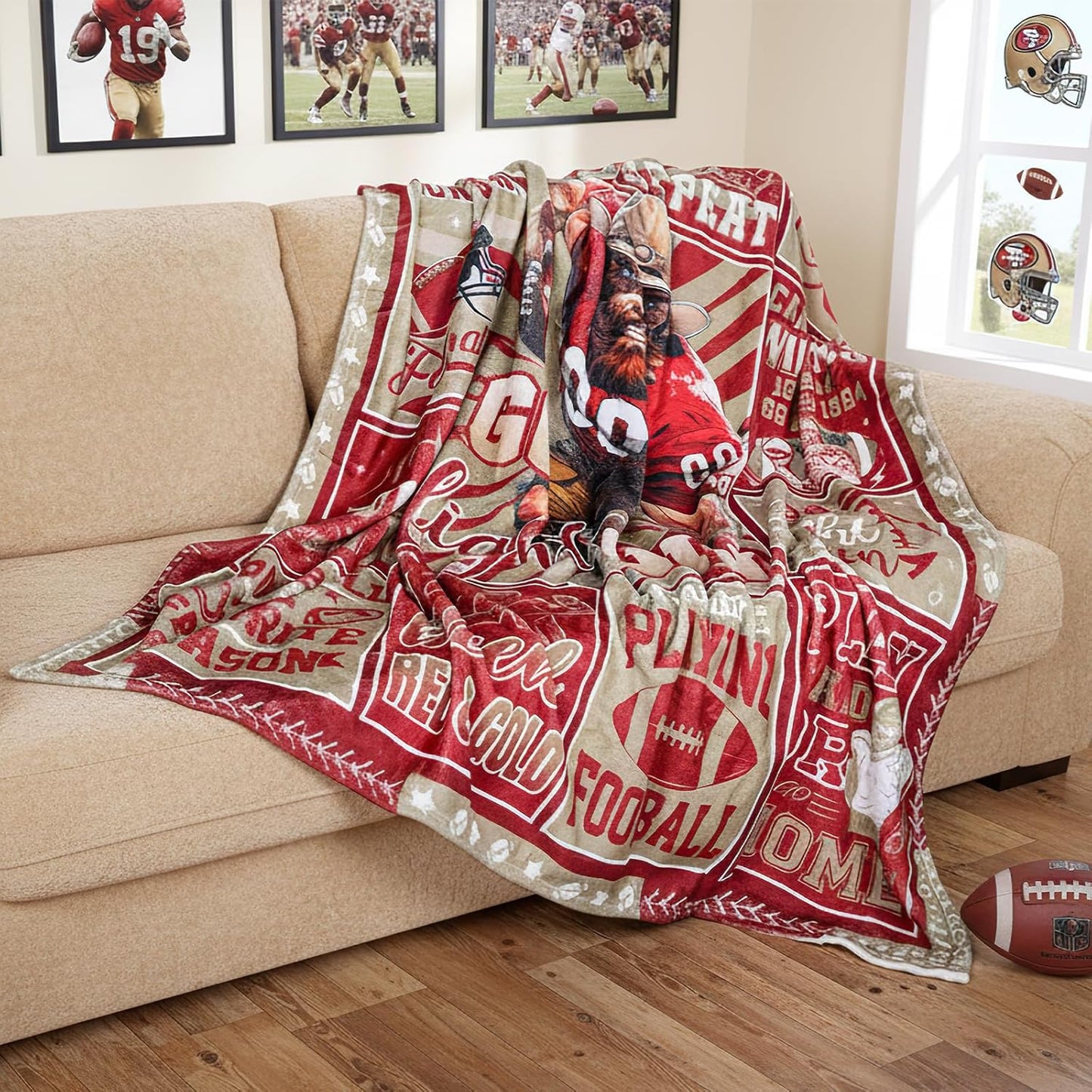 Red Football Throw Blanket, American Rugby Cozy Flannel Plush Blanket, City Football Lovers Fan Gifts for Men Women Sport Team Game Party Support Sofa Bed Blankets 50'' x 60''