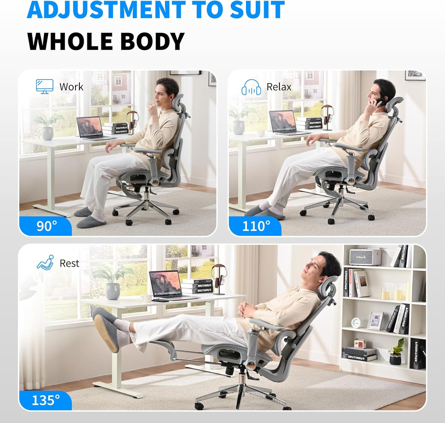 Mesh Ergonomic Office Chair with 6D Armrests,High Back Mesh Gaming Chair with Lumbar Support,Adjustable 3D Headrest for Home Office Desk Chair (Executive, Grey)