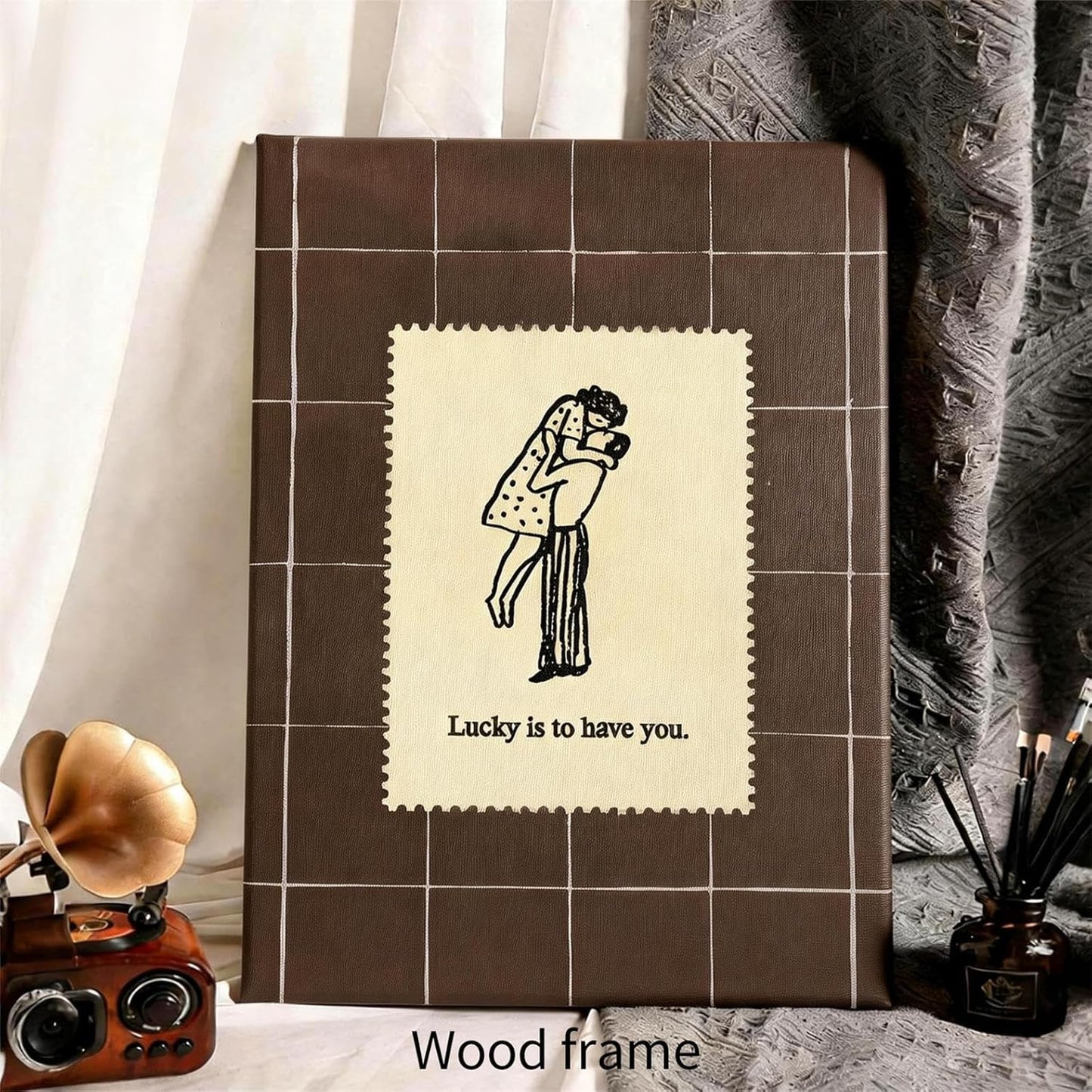 Brown Mid-Century Couples Wall Art Valentine Quotes Lucky Is to Have You Poster 08x10 inch Framed Vintage Romantic Anniversary Canvas Prints Modern Love Wall Decor for Bed Living Room