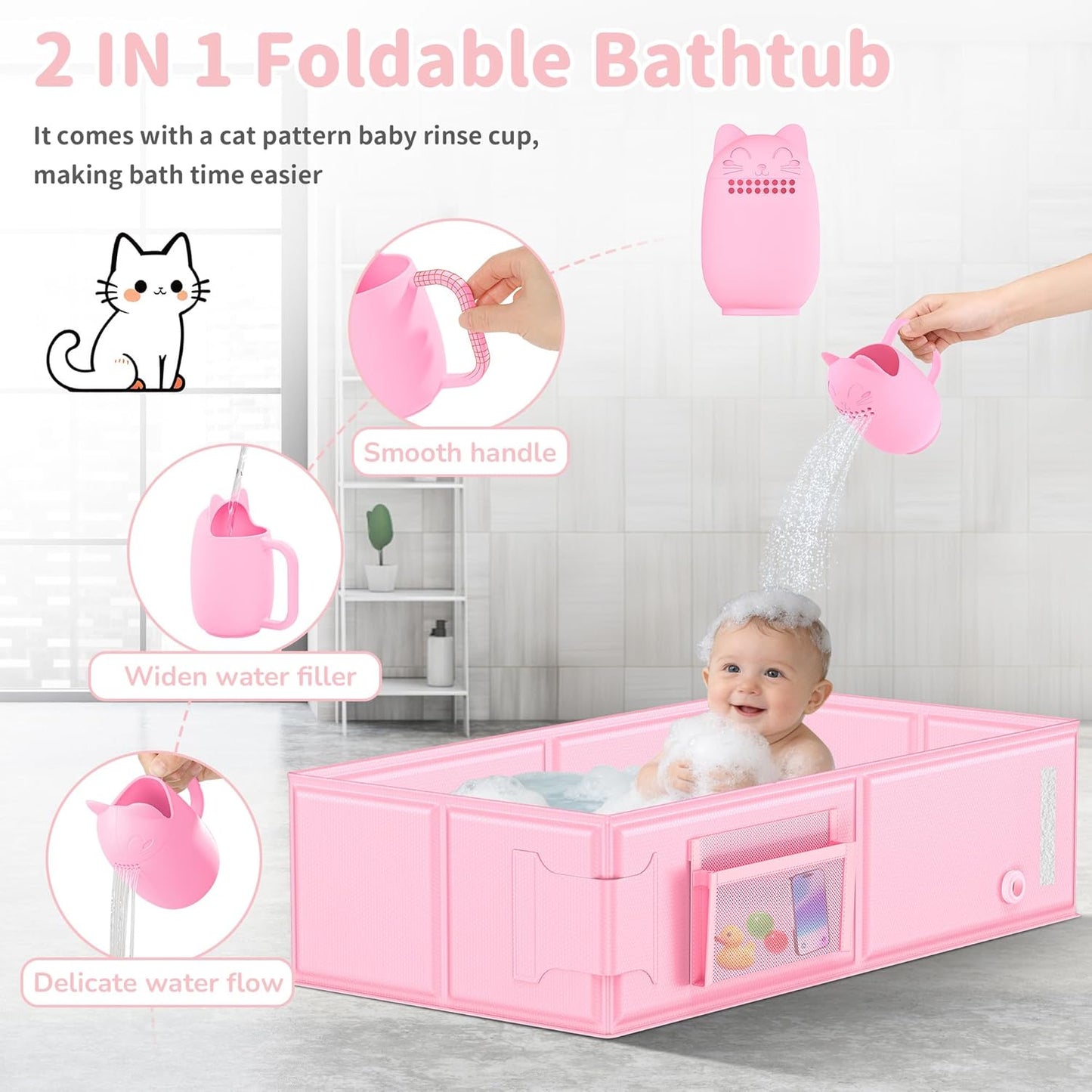Baby Bathtub, Portable Bathtub with Cat-Patterned Bath Rinse Cup,Foldable Bath Tub for Small Bathroom,Toddler Tub for 6M-5Y,Baby Travel Essentials for Hotel,Camping & Beach