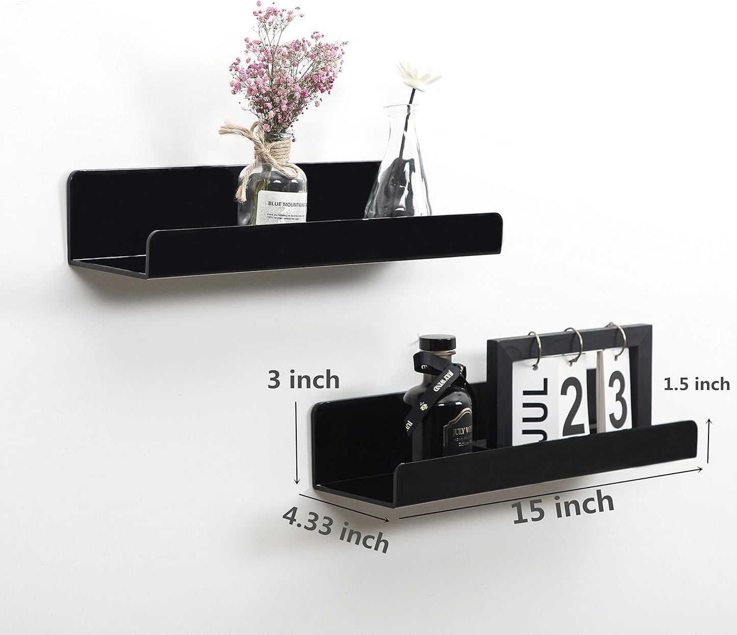 IEEK 15 Inch Black Acrylic Floating Wall Ledge Shelf,Wall Mounted Nursery Kids Bookshelf,5MM Thick Home/Office/Bathroom Storage Shelves Display Organizer Set of 3