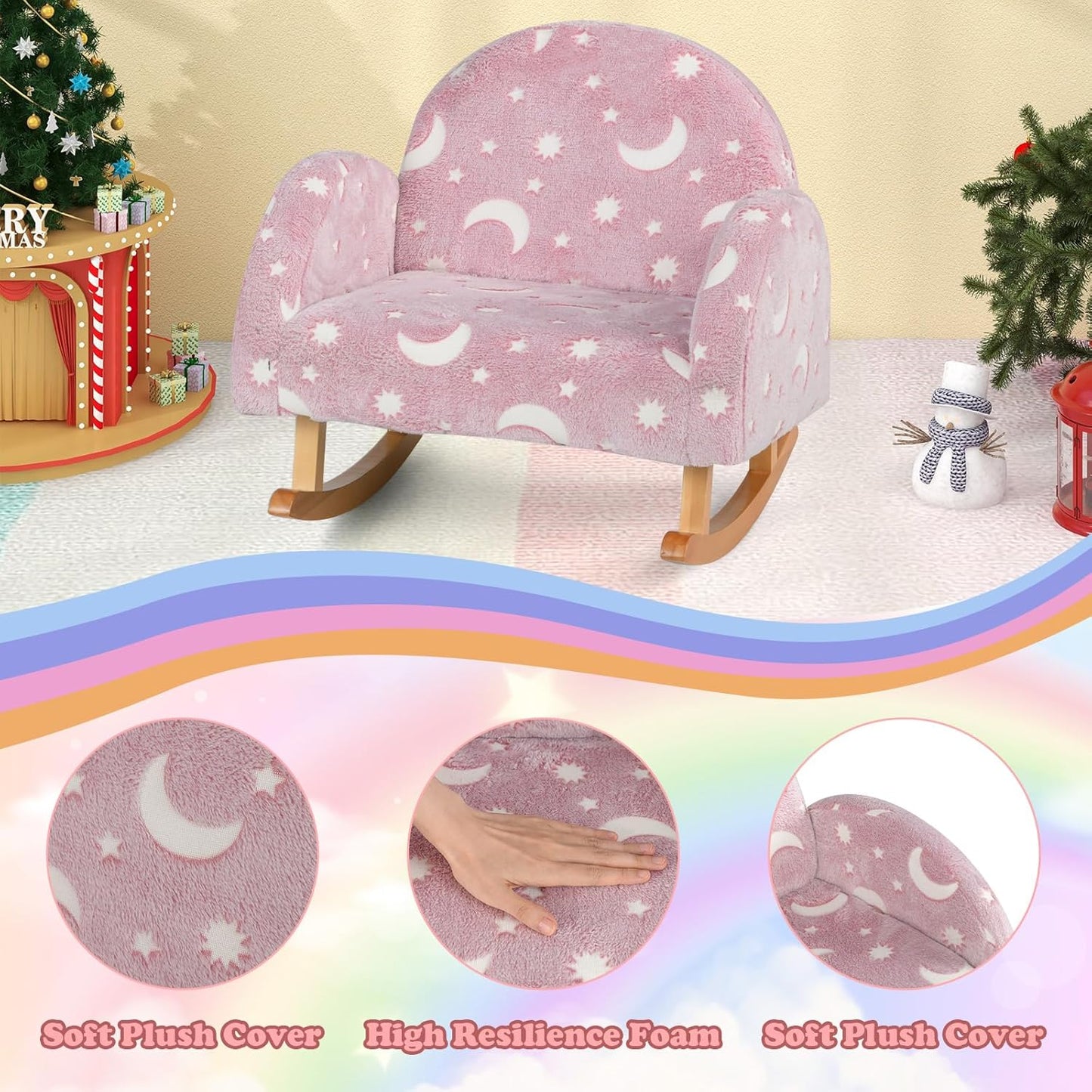 INFANS Kids Sofa with Glow in The Dark, Toddler Rocking Chair with Solid Wooden Frame Anti-Tipping, Upholstered Comfy Foam Children Chair for Kindergarten Playroom Preschool, Gift for Boys Girls