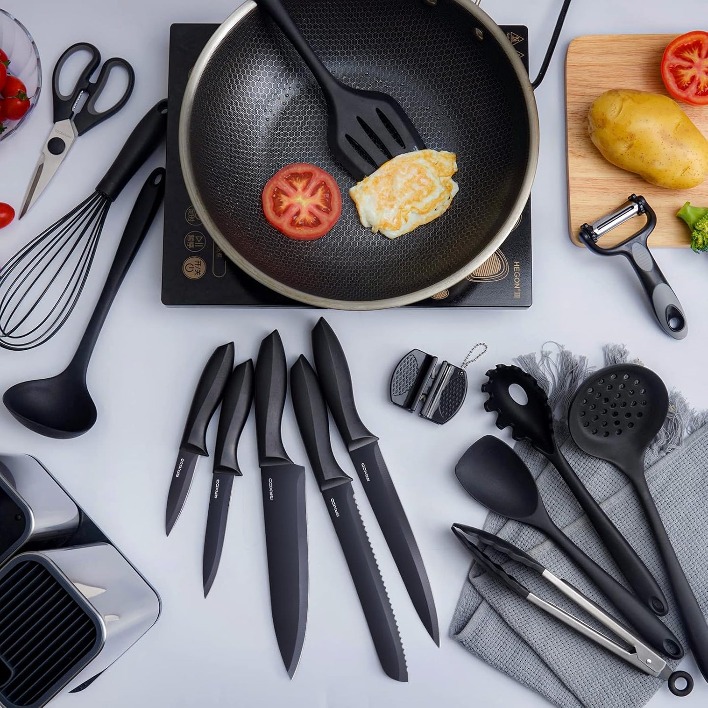 RAXCO Kitchen Utensils Set For Cooking-7 Cooking Utensils,5 Kitchen Utensils,6 Knife set,utensilios de cocina(18-in-1) (Black)