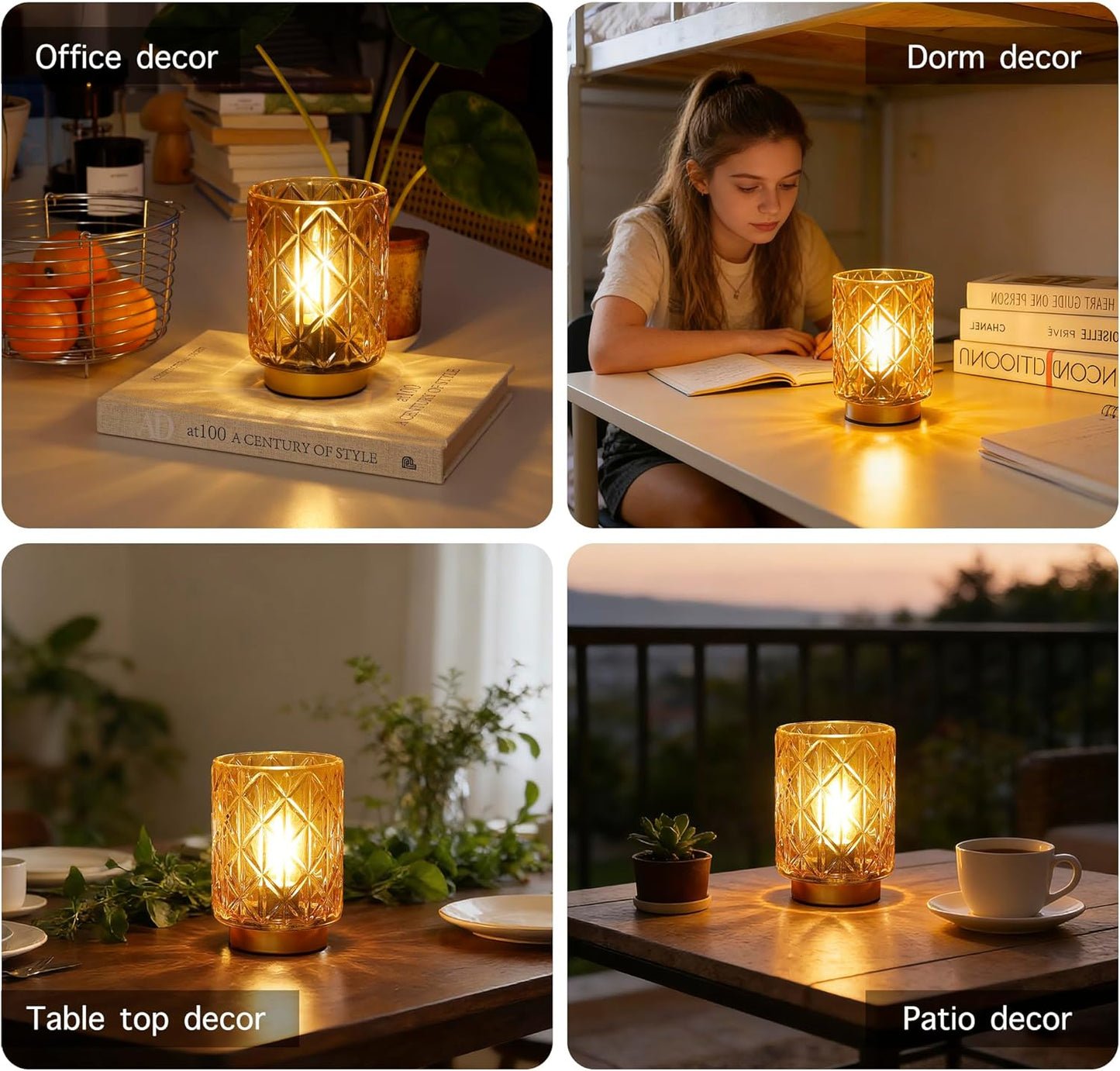 Battery Operated Table Lamp with Timer for Bookshelf/Bedside,Cordless Small Cozy Ambience Decorative Glass Lamps for Nightstand/Dorm/Office Cubicle/Desk/Counter Table Decor(Golden)