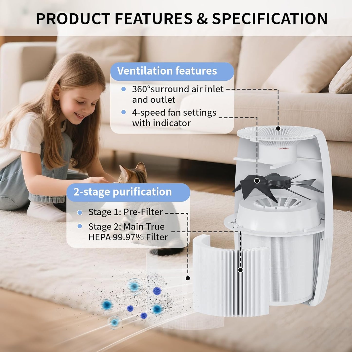 Air Purifiers for Home with Night Light, HEPA Filter Captures 99.97% of Smoke, Pollen, Pet Dander & Odors, Quiet for Bedroom, Office, Home, Pearl White