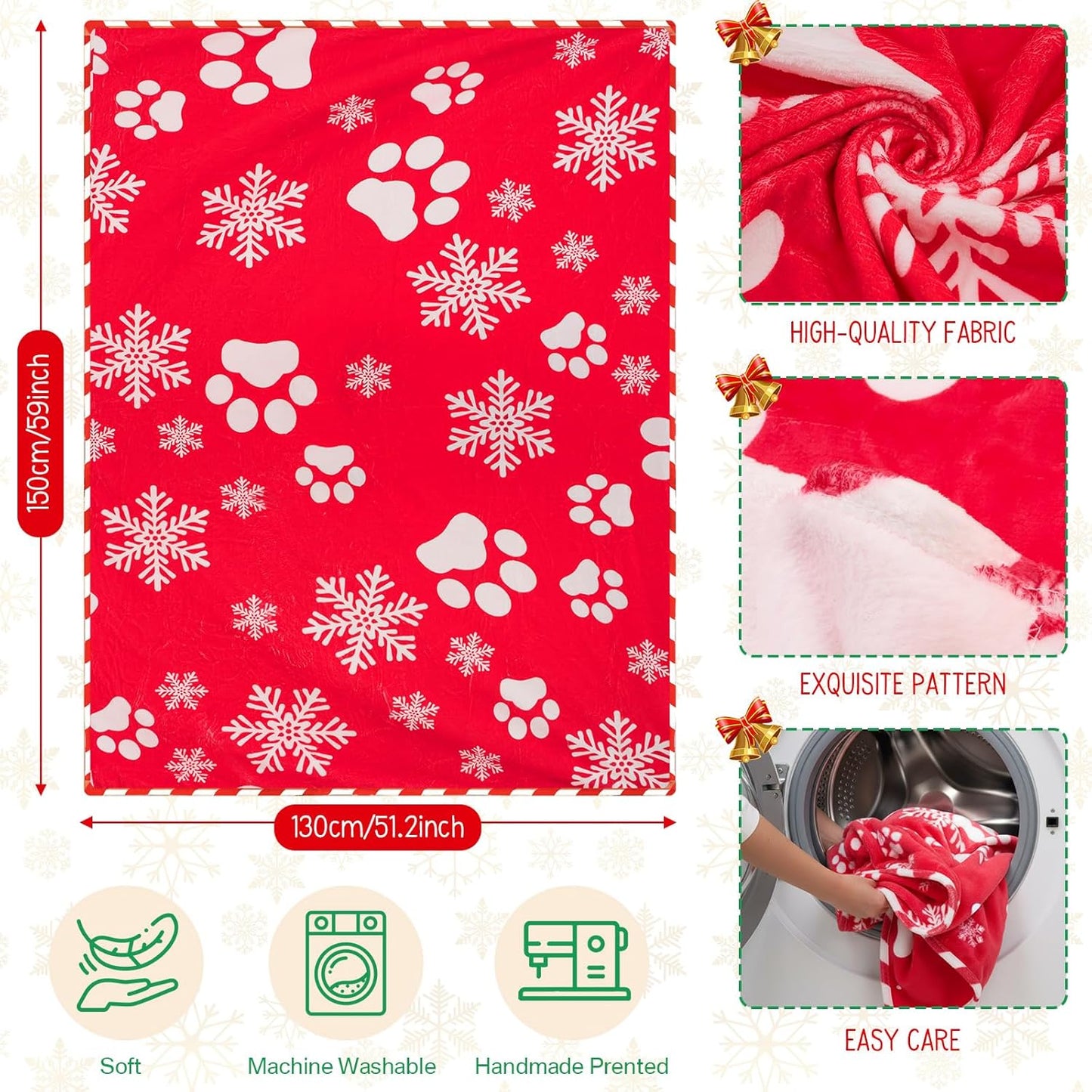 Christmas Flannel Blanket 50 x 60 Inch Cat Dog Paw Pattern Throws Blanket Soft Lightweight Cozy Gift Holiday for Bed Couch Sofa