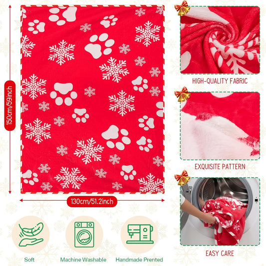 Christmas Flannel Blanket 50 x 60 Inch Cat Dog Paw Pattern Throws Blanket Soft Lightweight Cozy Gift Holiday for Bed Couch Sofa