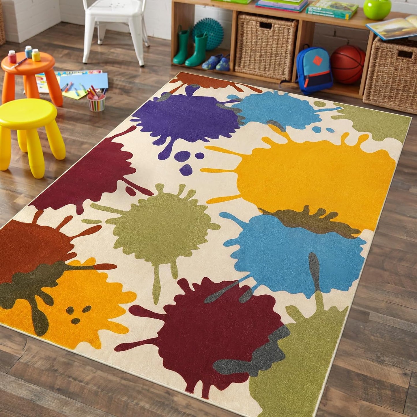 STARUIA Colorful Area Rug, 5'x7' Classroom Rug for Kids, Paint Splash Washable Rugs for Playroom, Non-Slip Rainbow Nursery Rugs Soft Living Room Carpet for Bedroom Dining Room Kids Room