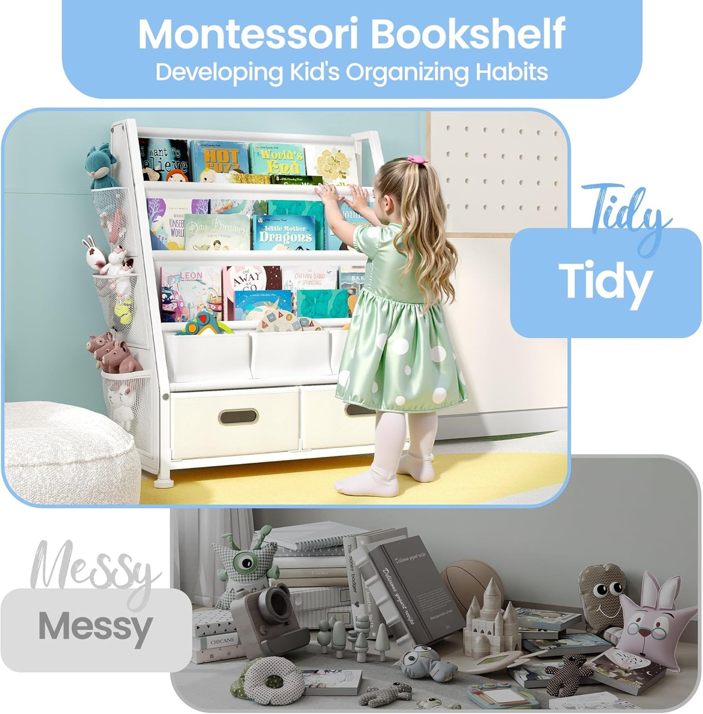 Kids Bookshelf and Toy Storage: Sling Book Shelf for Kids Room with 2 Storage Bins to Books and Toys Organizer, 3-Tier Toddler Bookshelf with 3 Side Pockets for Nursery, Bedroom, Playroom
