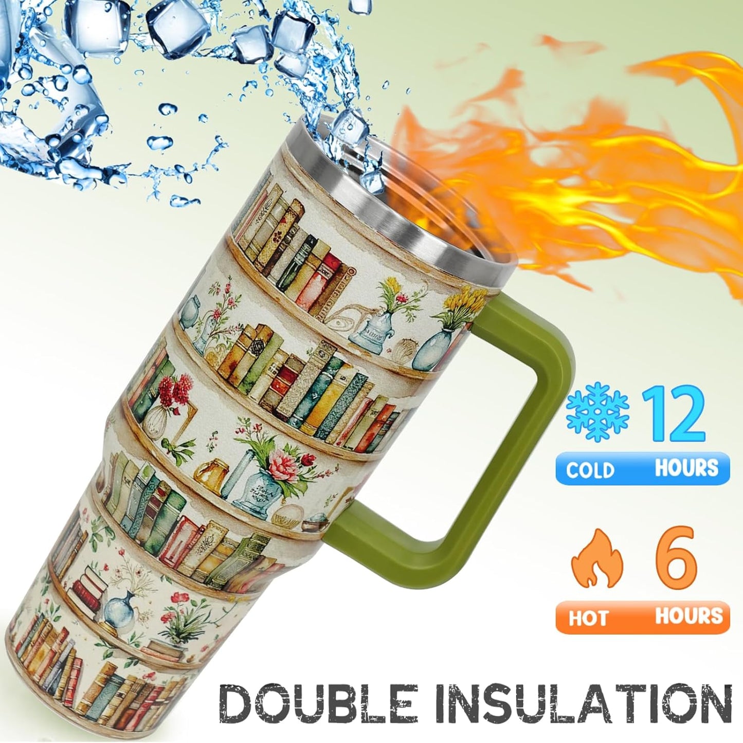 Book Lovers Gifts 40oz Retro Bookshelf Tumbler with Handle and Straw Watercolor Flowers Bookworm Coffee Travel Mugs Insulated Cup Gifts for Women Readers,Reading,Bookish,Librarian,Books Accessories