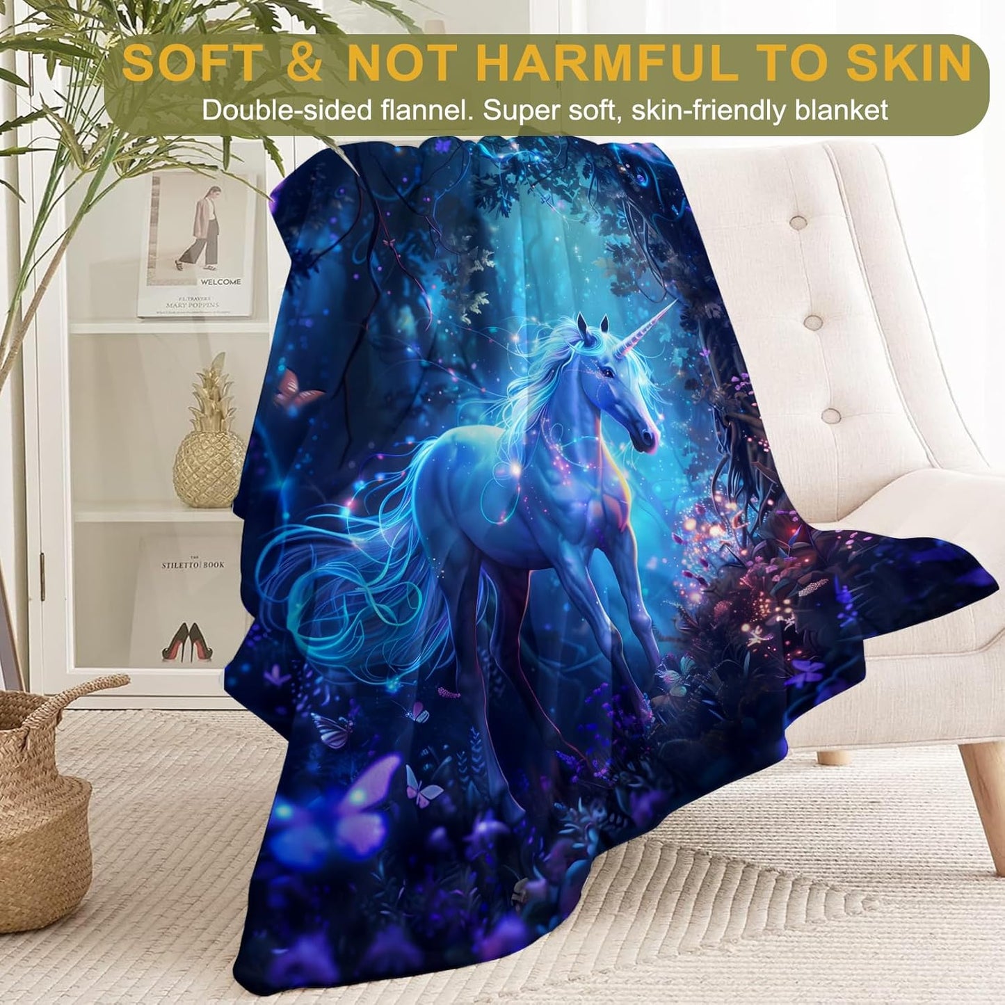 Enchanted Unicorn Fleece Blanket - Lightweight Soft Cozy Gifts Throw for Animal Lovers,Kids,Women,Girls,Magical Mystical Forest Blankets,Home Room Modern Artistic Decor 60x80in