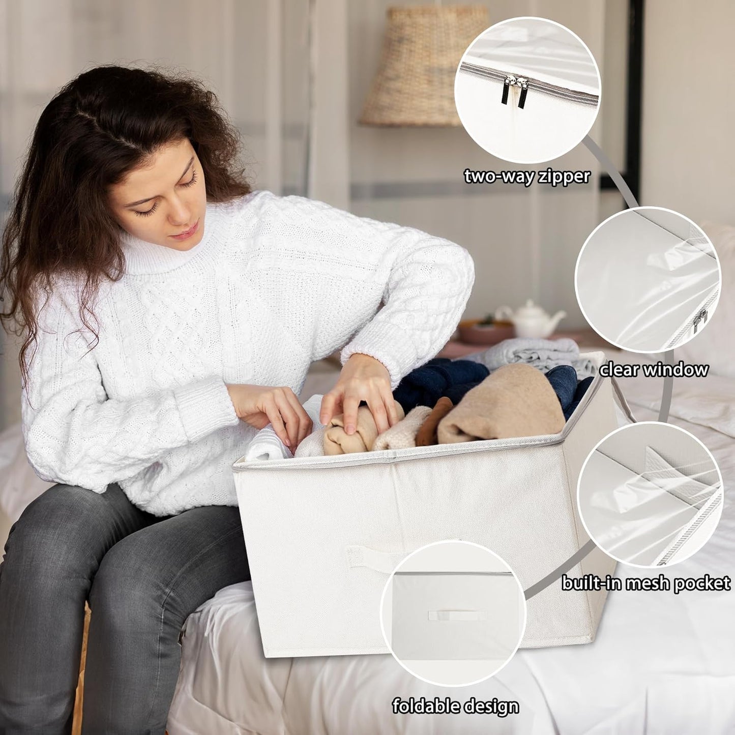 Durable See-through Storage Box Bins with Dual Handles and zipper Lid Foldable Organizer for Clothes Toys Blankets Books 18 * 14 * 10 Inches
