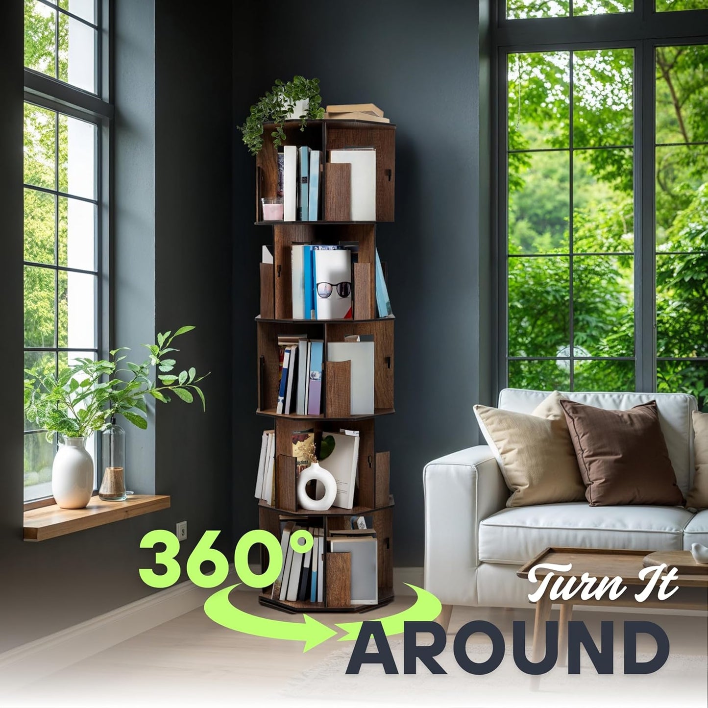 5 Tier Rotating Bookshelf Tower with Lazy Susan – Spinning Bookshelf Tower, Revolving Bookcase, Turning Book Shelf, Rotating Bookcase with 360° Rotating Shelf & Revolving Book Shelf, Walnut