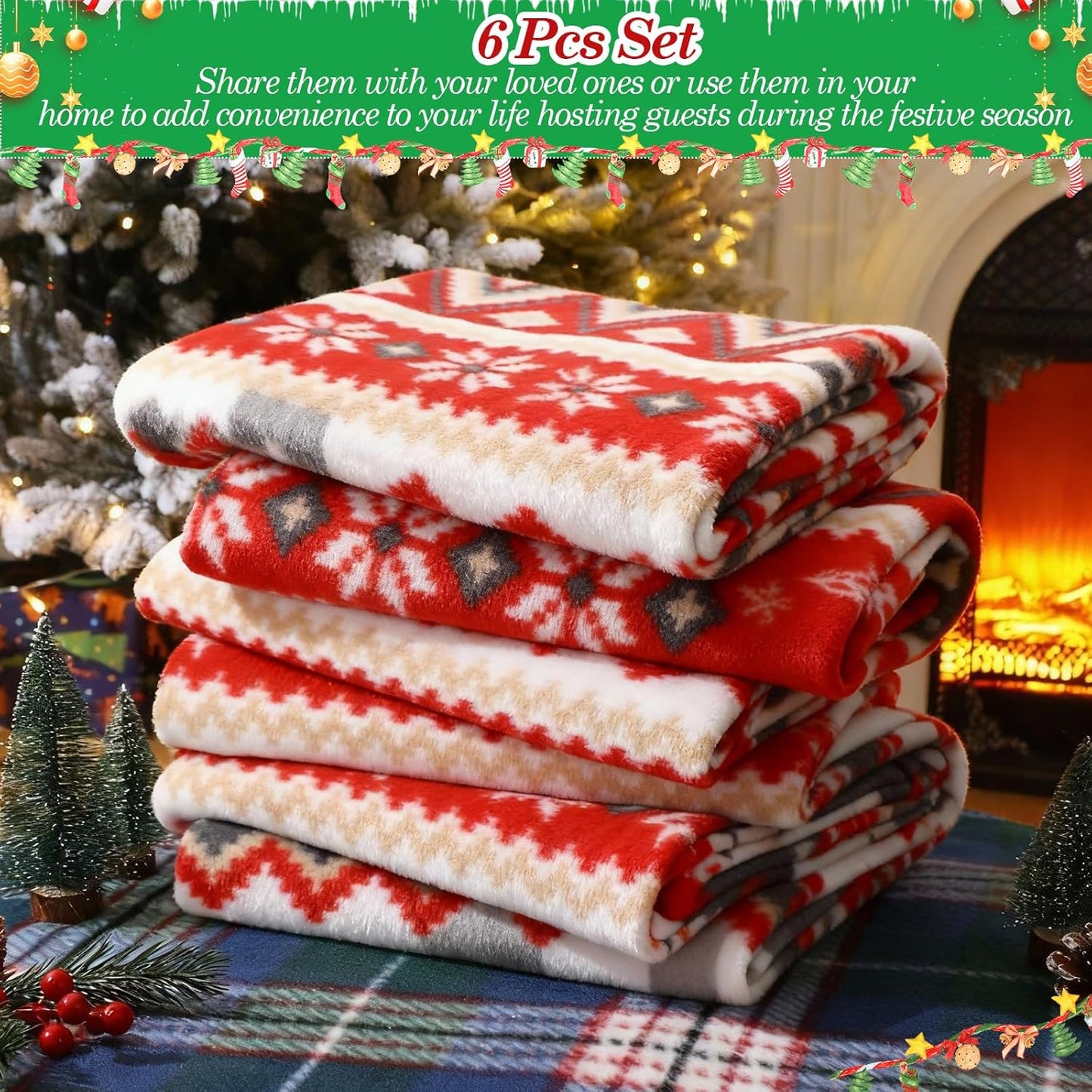 Preboun 6 Pcs 50 x 60 Inch Winter Throw Blanket Bulk Winter Decorations Gifts for Women Fleece Throw Blanket Warm Fair Isle Themed for Couch Sofa Office Travel Wedding