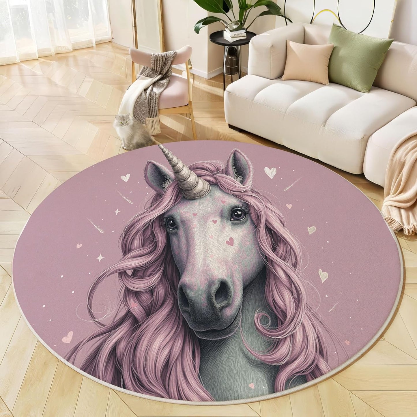 Cute Heart Unicorn Round Rugs 4Ft, Animal Poster Round Living Room Area Rug, Washable Large Soft Circle Rug for Bedroom, Non Slip Ultra Thin Floor Carpet for Dining Room, Pink