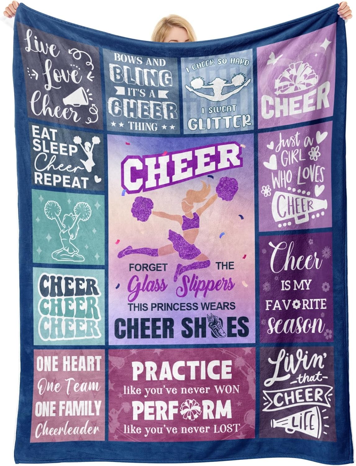 Cheerleader Gifts, Blue Purple Throw Blanket 50x60 inches– Inspirational Quotes Grid Design – Soft Cozy Fleece for Watching TV, Office, Napping – Cheerleader Gifts for Girls