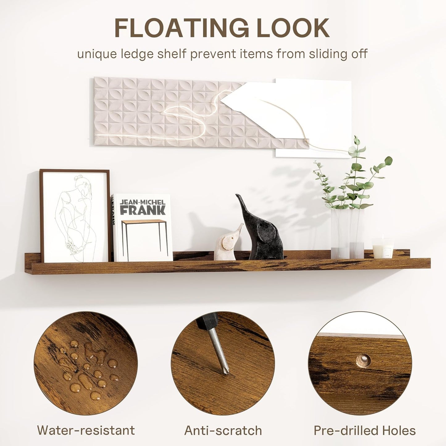 Fun Memories Picture Ledge Shelf - 30 Inches Floating Shelves Set of 4 - Floating Shelves with Lip for Storage - Wood Bookshelf Wall Mounted for Bedroom - Living Room - Kitchen - Rustic Brown