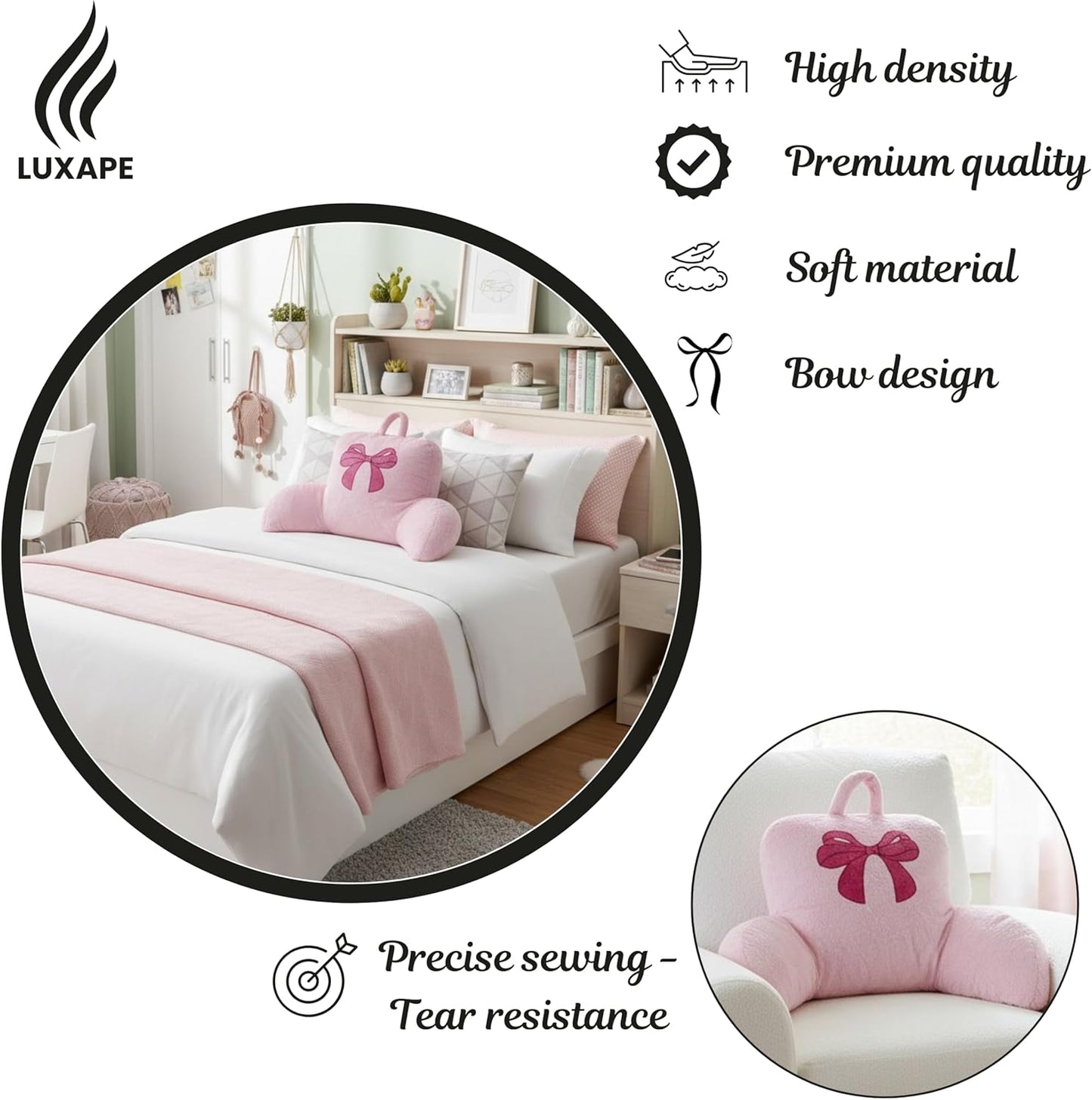 Bow Backrest Pillow Bow Reading Pillow with Pink Bow Design – Soft Plush Fabric Pillow with Armrests for Bed, Couch, Dorm or Lounge – Supportive Bed Rest Cushion, 29 x 16.5 Inches (74 x 42 cm) (Pink)
