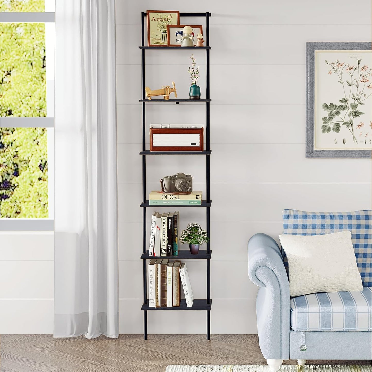 6-Tier Ladder Shelf, 77 Inches Wall Mounted Ladder Bookshelf with Metal Frame, Wood Tall Open Storage Rack and Display Shelves for Home Office Bedroom Living Room, Black