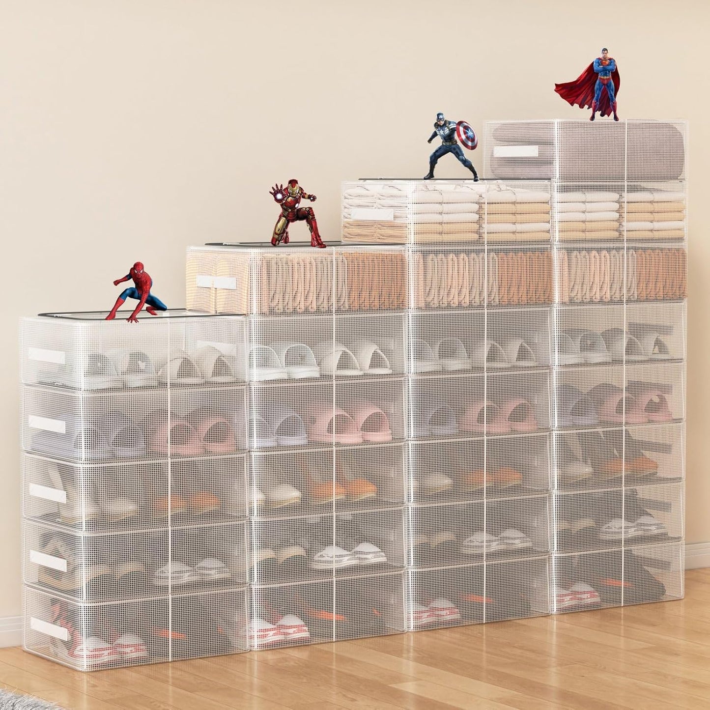 Stackable Shoe Boxes with Clear Lids, 15.8-Inch Boot Storage Bins with Handles for Bedroom Dormitory Under-Bed (3 Pack, 19Qt, 15.8x11.8x6in)