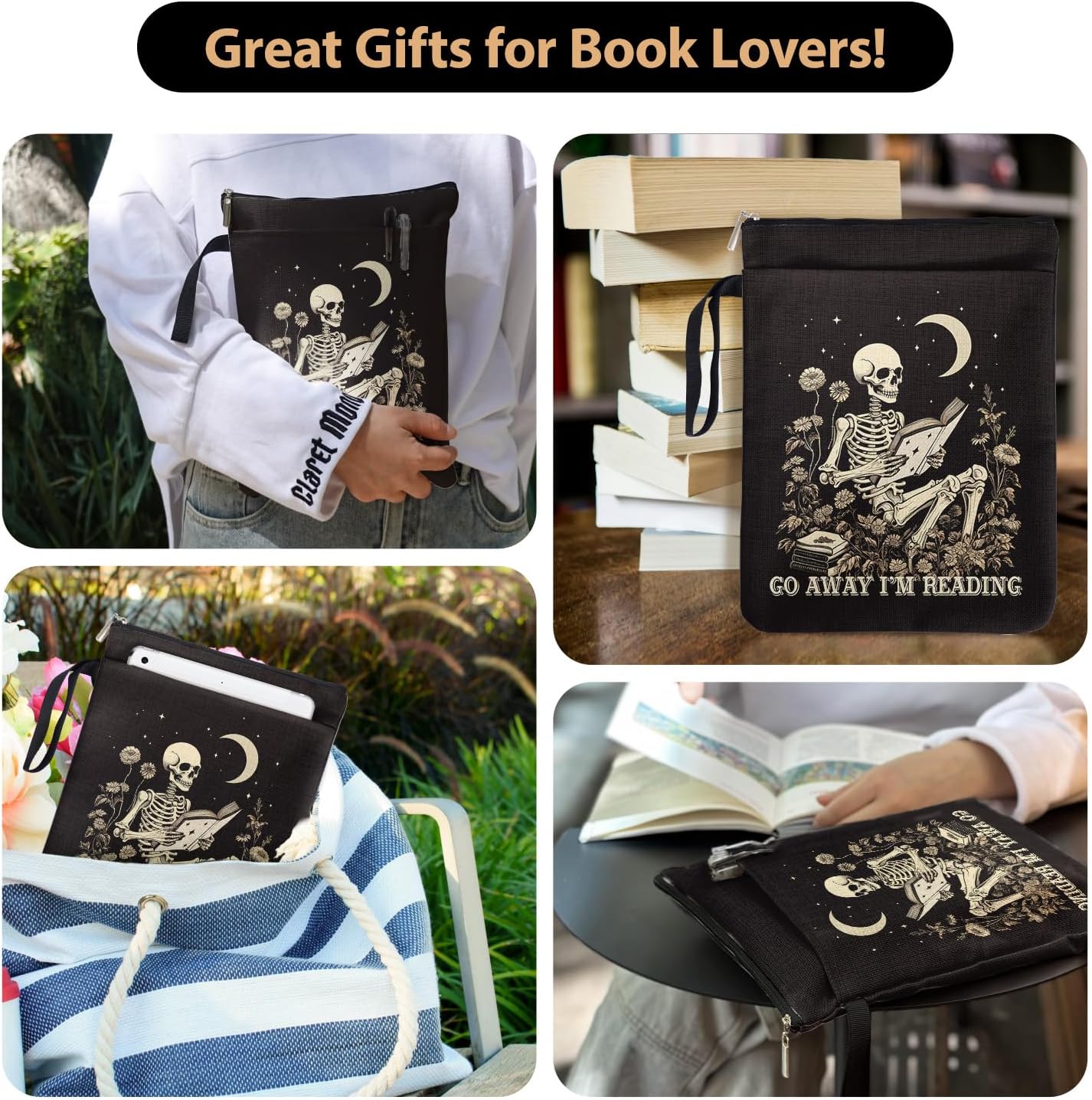 Go Away I'm Reading Book Sleeve for Book Lovers Bookish, Skeleton Gothic Book Cover Gifts for Friends Students Teachers Book Club Bookworm Women Birthday Graduation Reading Day