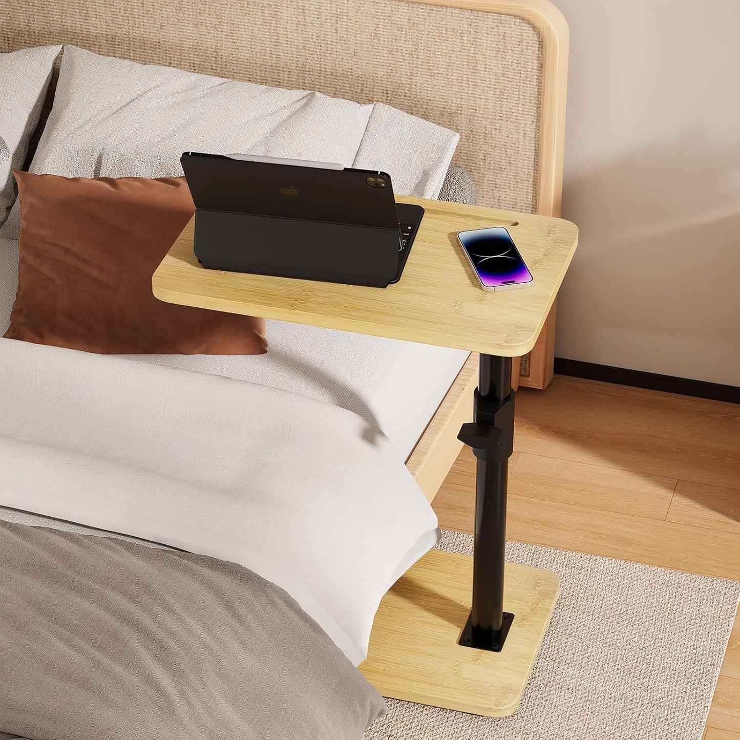 Sofa Armrest Tray Table - 360° Bamboo Swivel TV Trays - Height Adjustable Side Table for Bed or Chair with Phone and Tablet Slots - End Tables for Small Spaces
