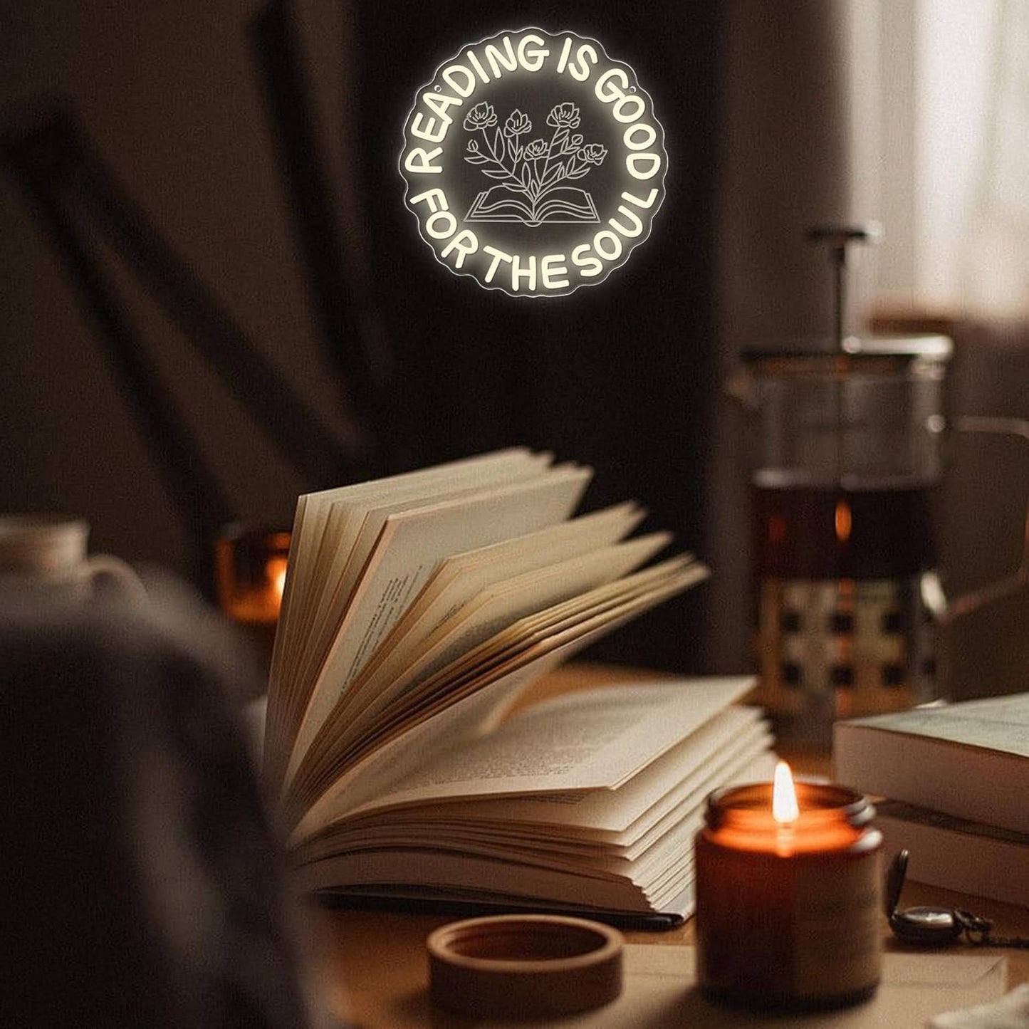 Reading Is Good For The Soul Neon Sign, Dimmable Motivational Wall Neon Sign Book Light for Book Lovers Wall Decor Home Office Library, Gift for Readers(13 * 13in)