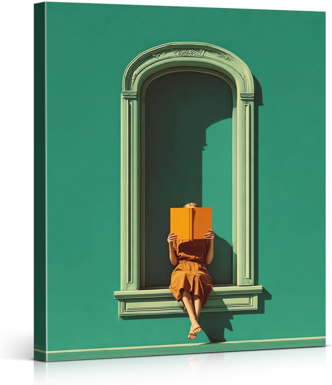 Green Reading Woman Wall Art Print - Bookish Woman in Window Canvas Poster Painting - Book Lover Gifts Wall Decor for Home Reading Nook 8x10 Inch Framed