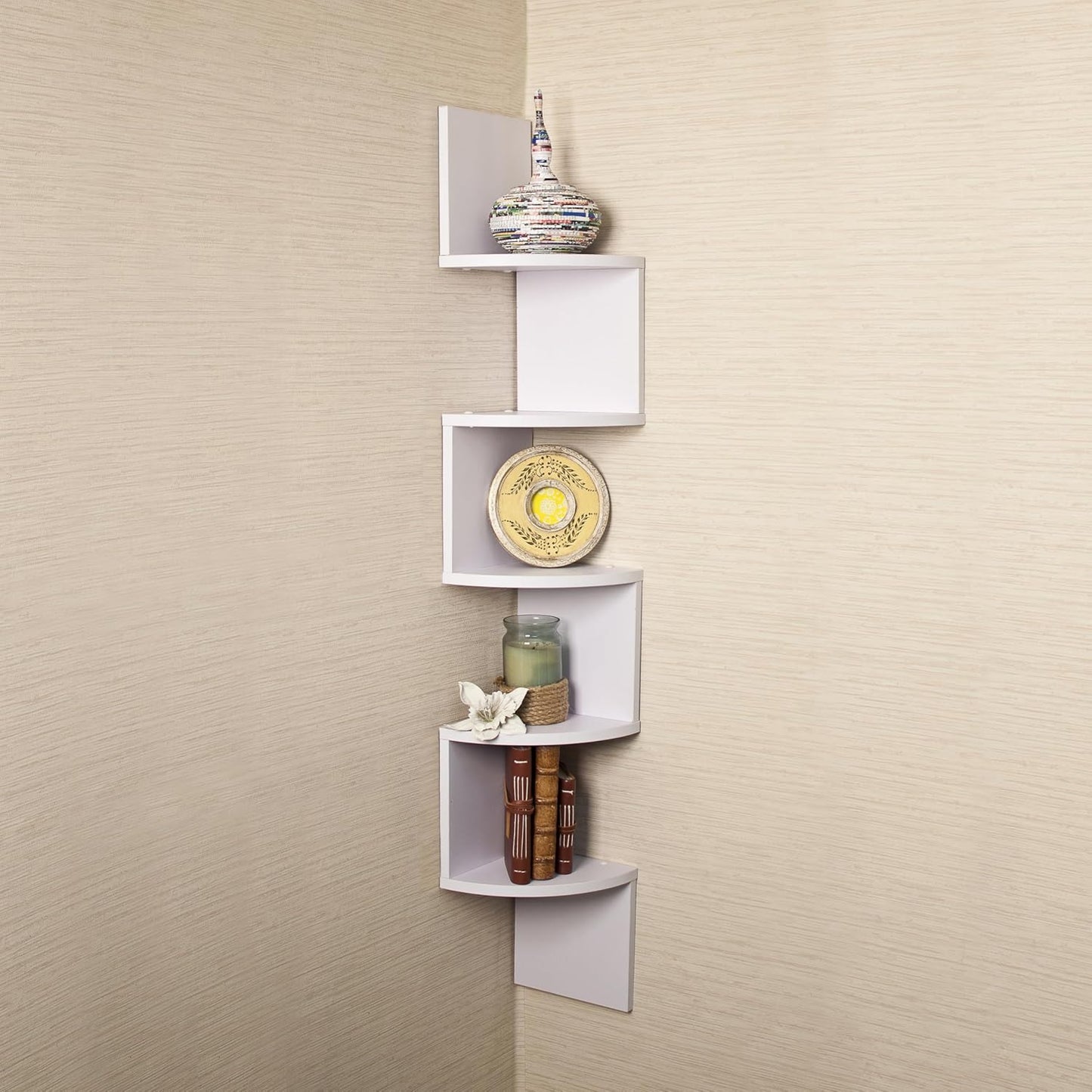 Danya B. Large Rustic Decorative 5-Tier Corner Floating Wall Mount Display Shelving Unit (White)