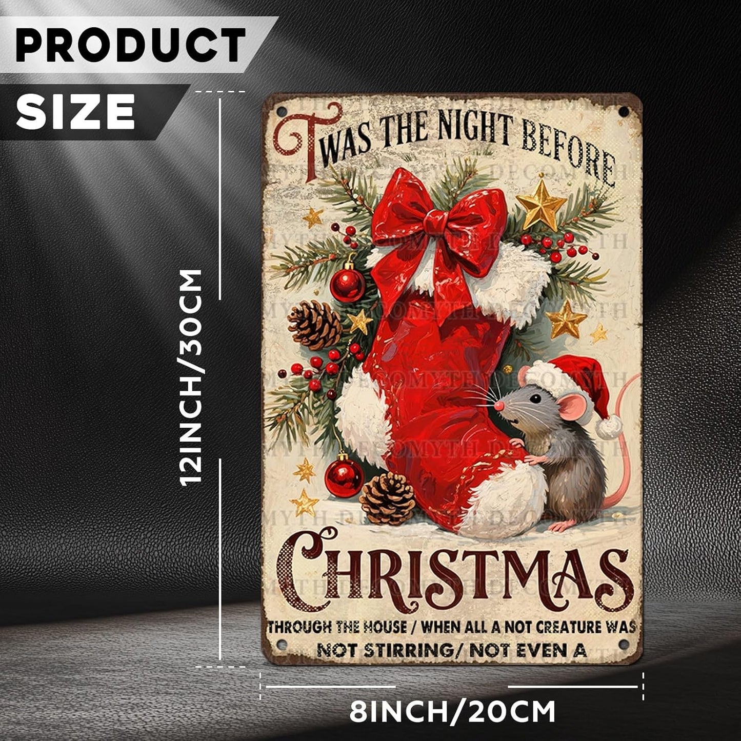 Vintage Twas The Night Before Christmas Stocking Mouse Tin Sign Storybook Decor for Children's Reading Nooks Enchanted Bedtime Corners 12 * 8inch