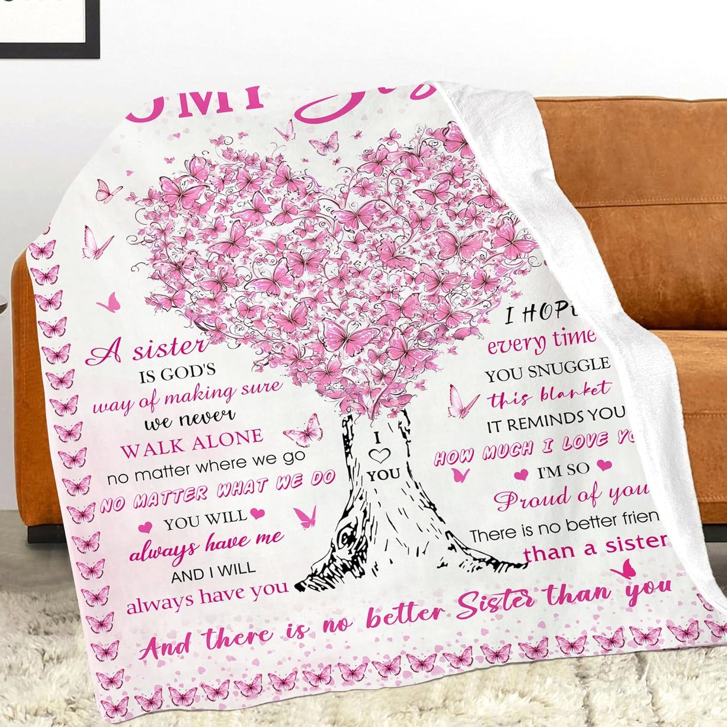 Sisters Gifts from Sister, Super Soft Funny Pink Butterfly Sisters Blanket for Little Girl, Christmas Birthday Gifts for Sister, Warm Cozy Fuzzy Plush Flannel Throw Blanket 60"x50" for Couch Bedding