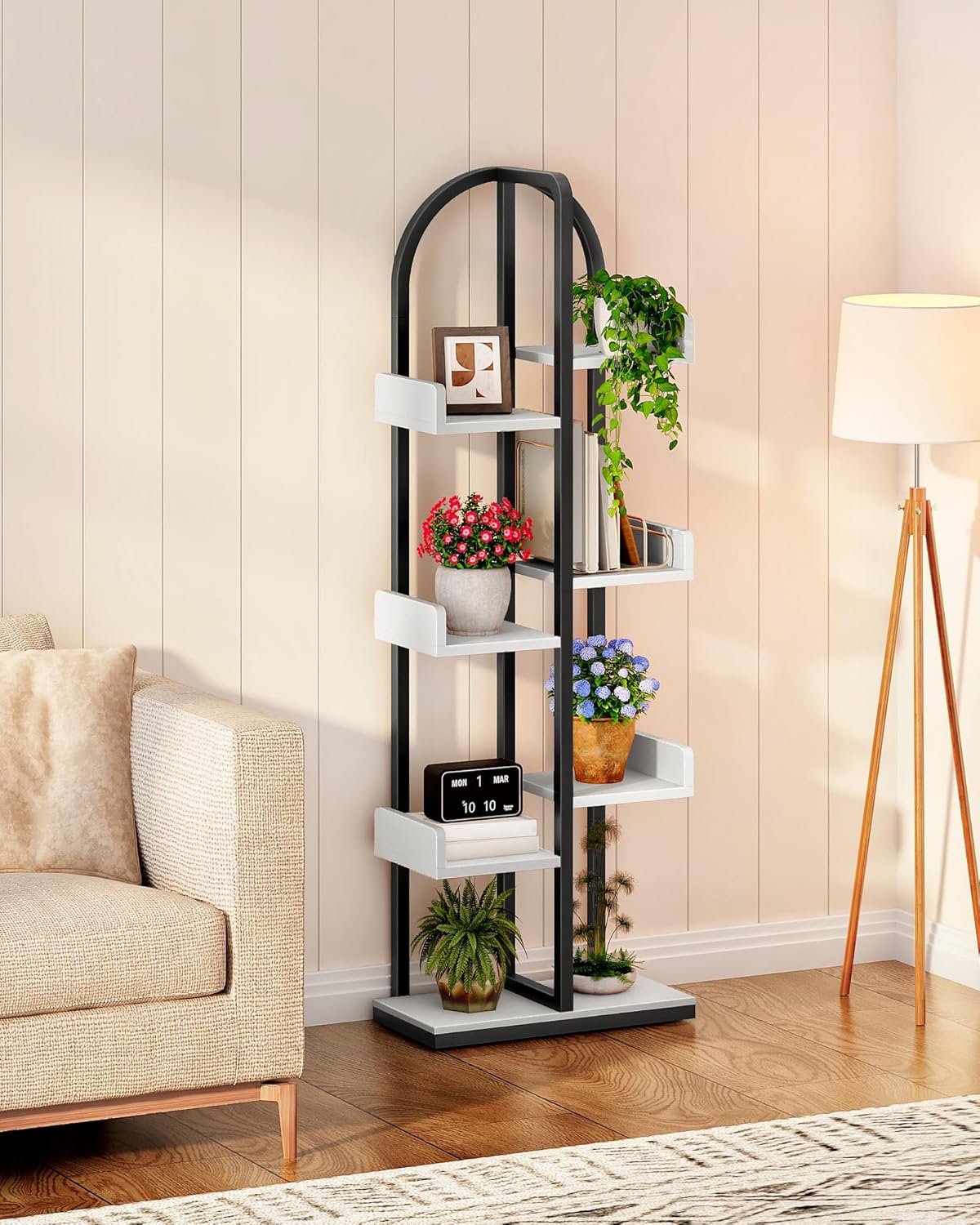 Corner Bookshelf, Curved 6-Tier Bookcase with Anti-Tip Kit, Adjustable Feet and Staggered Shelves for Living Room, Bedroom, Study, Office, White and Black TSJ06BW