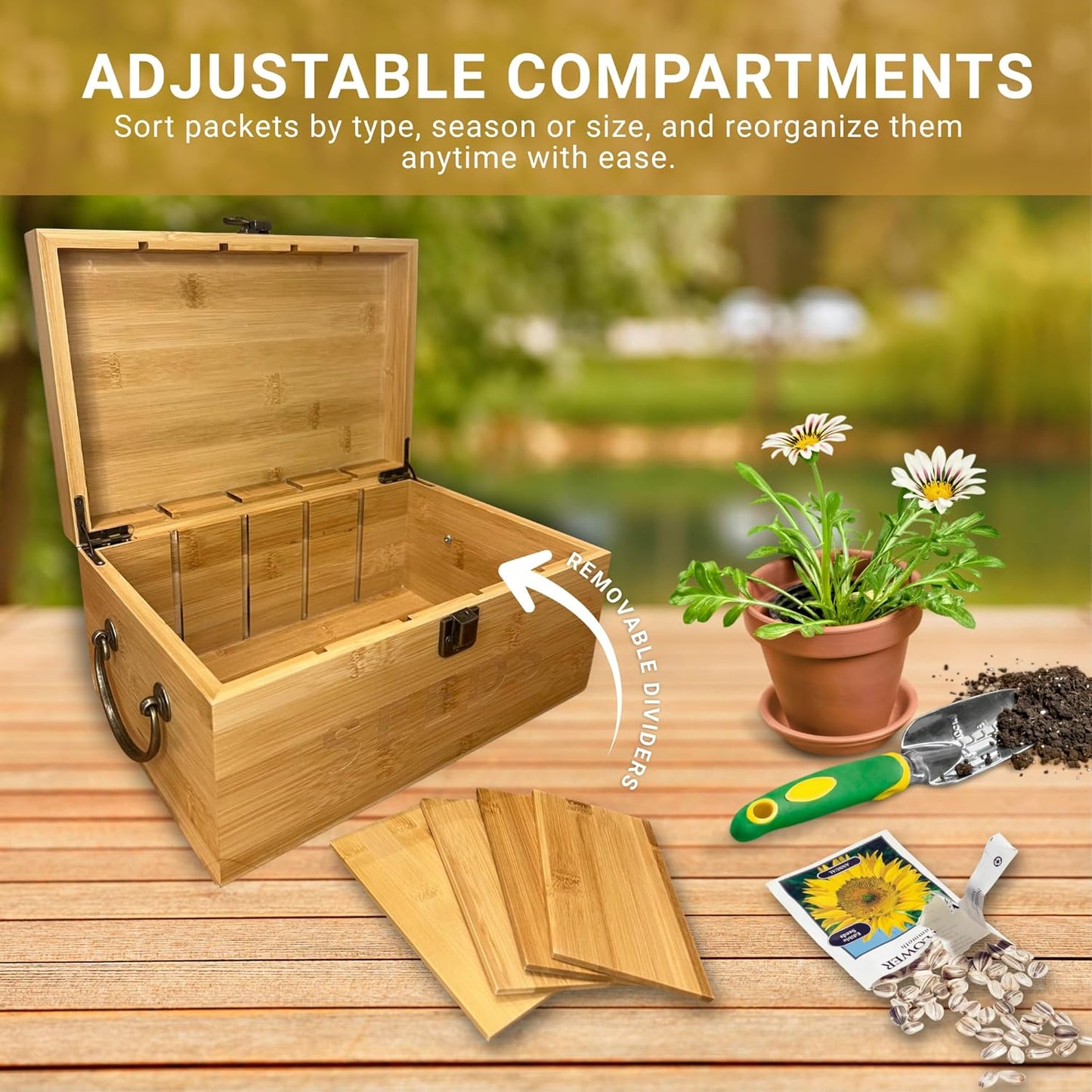 Bamboo Garden Seed Storage Organizer Box, Wooden Seed Box with Removable Dividers, Metal Handle and Latch, Seed Keeper Organizer for Garden Seed Packets and Storage (10.59 x 7 x 5.12 in)