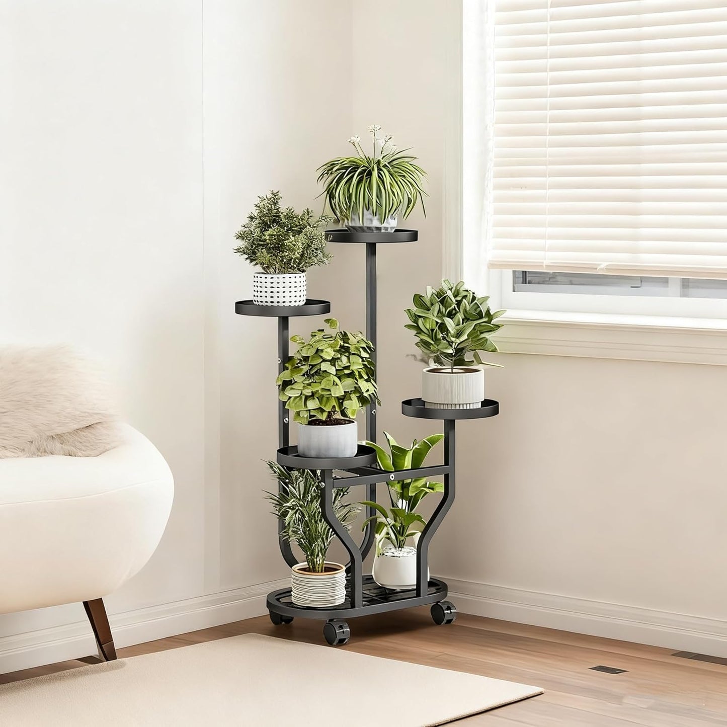 Plant Stand Indoor Outdoor 4 Tier Flower Holder with Wheels Metal Plant Shelf Corner Display Rack Multi Plants Sheleves for Living Room Garden Patio Black