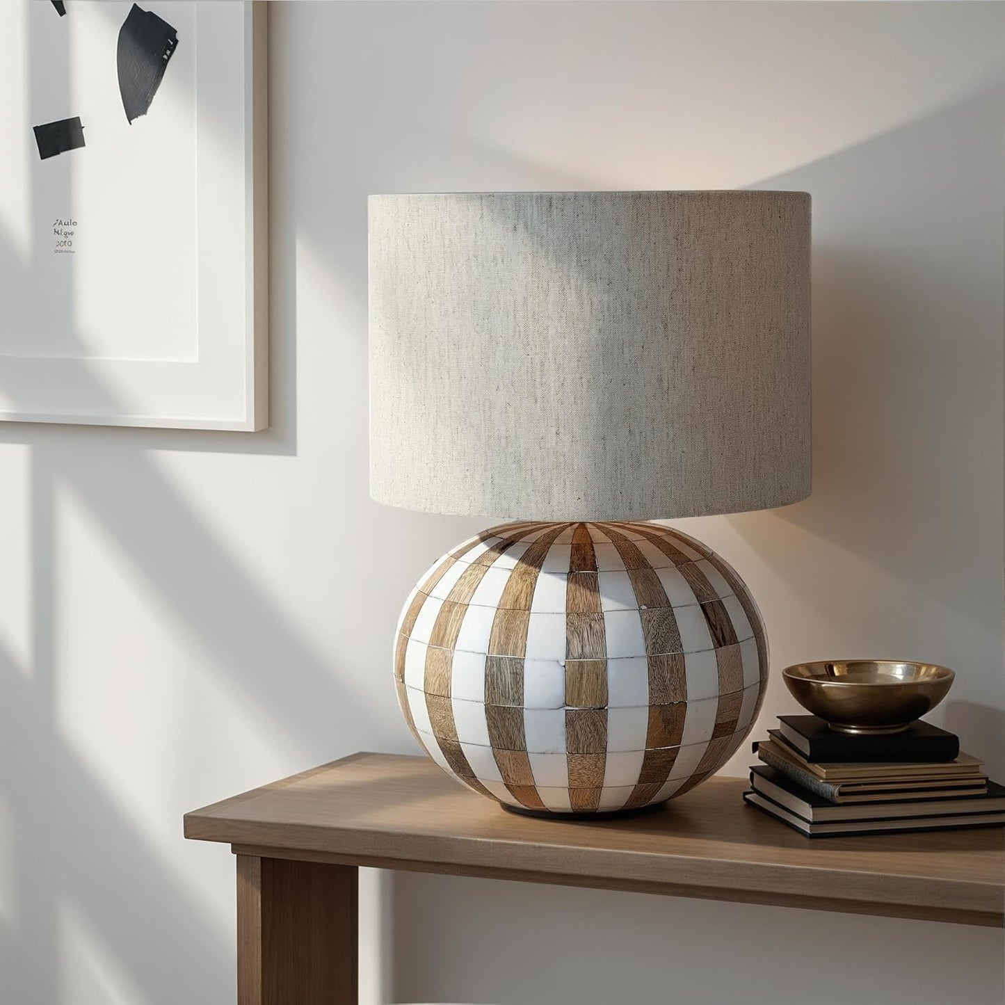 Creative Co-Op Mango Wood Table Lamp with Inlaid Resin Stripes and Cotton Shade, Natural Finish
