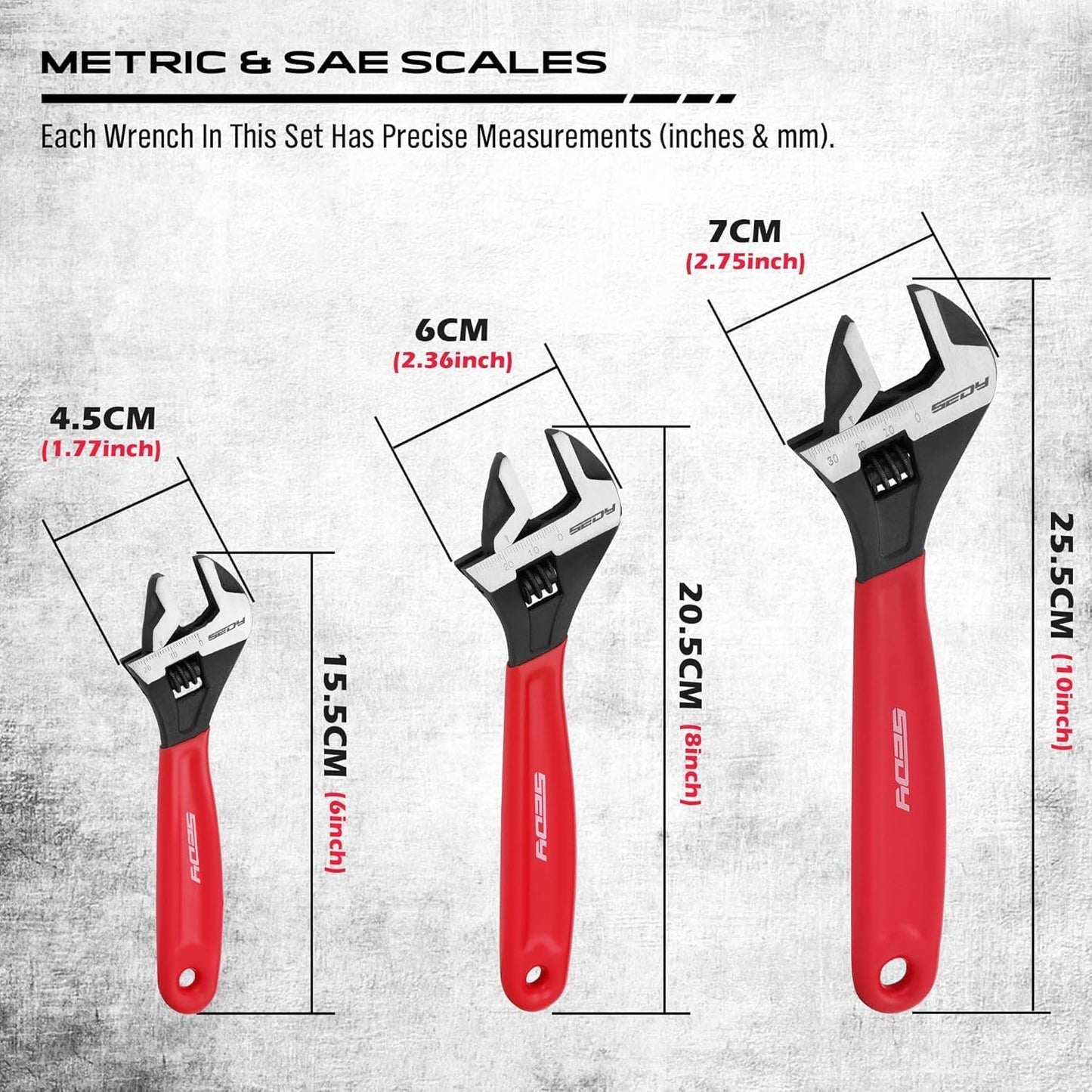 SEDY Adjustable Wrench Set Pipe Spanner: 6" 8" 10" Wide Jaw Black Oxide Wrench With Cushion Grip, Laser Marked Metric & SAE Scales, CR-V Steel for Professional