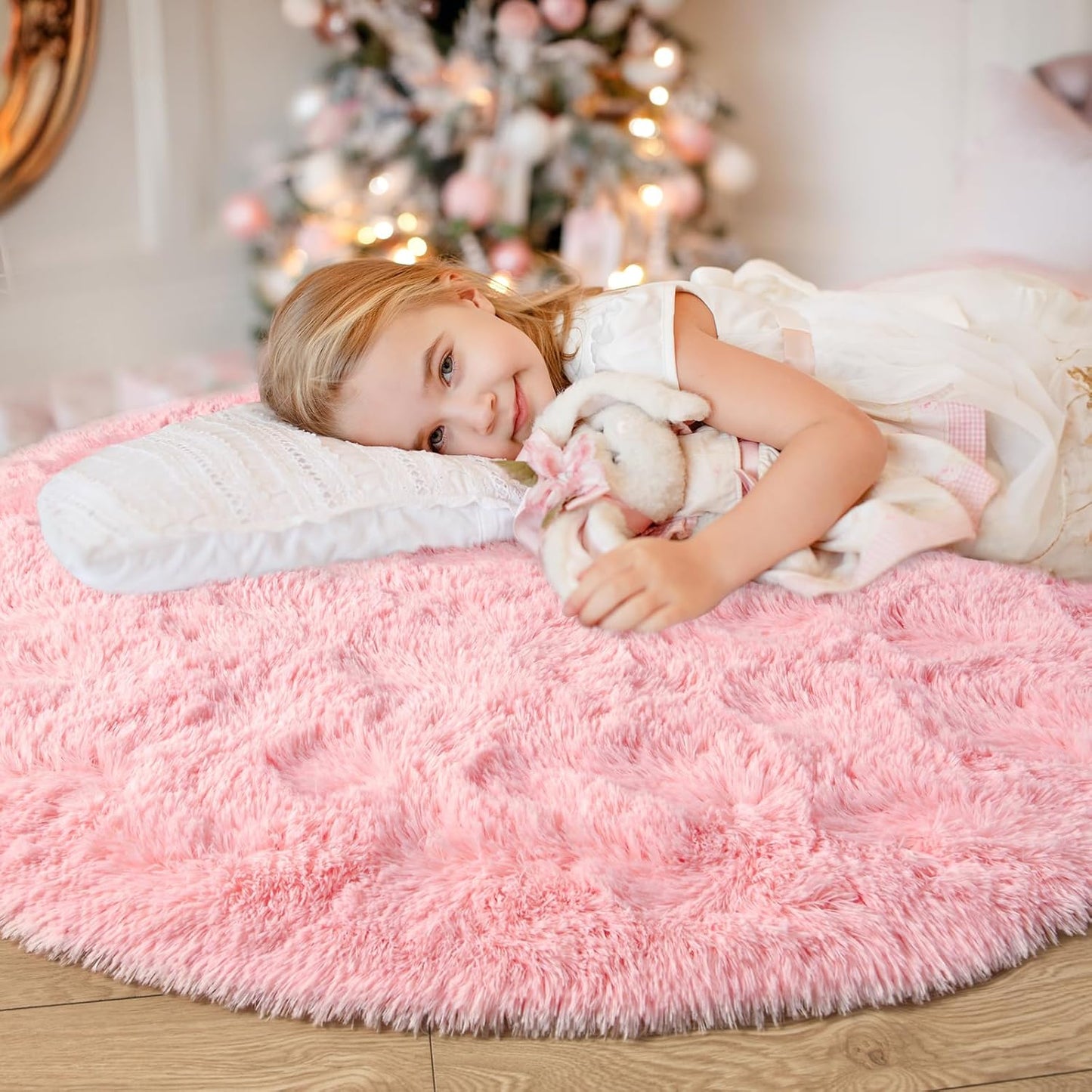 junovo Round Rug 5x5 Feet Fluffy Soft Area Rugs for Kids Girls Room Princess Castle Plush Shaggy Carpet Cute Circle Nursery Rug for Kids Girls Bedroom Baby Room Home Decor Circular Carpet,Pink
