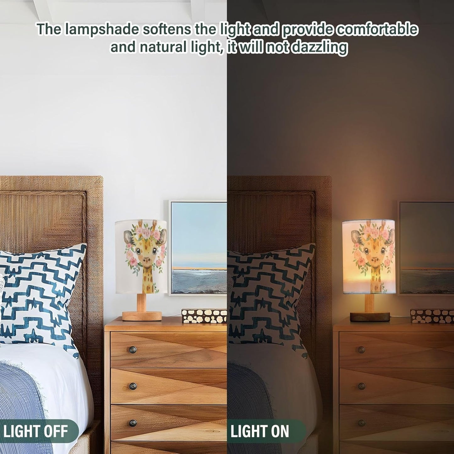 Cute Giraffe with Pink Floral Garland Bedside Table Lamps with USB Port for Bedroom Lamp Accent Table Lamp Small Nightstand Lamp Sturdy Linen Shade Wooden Decorative Lamps for Home|Kids|Holiday