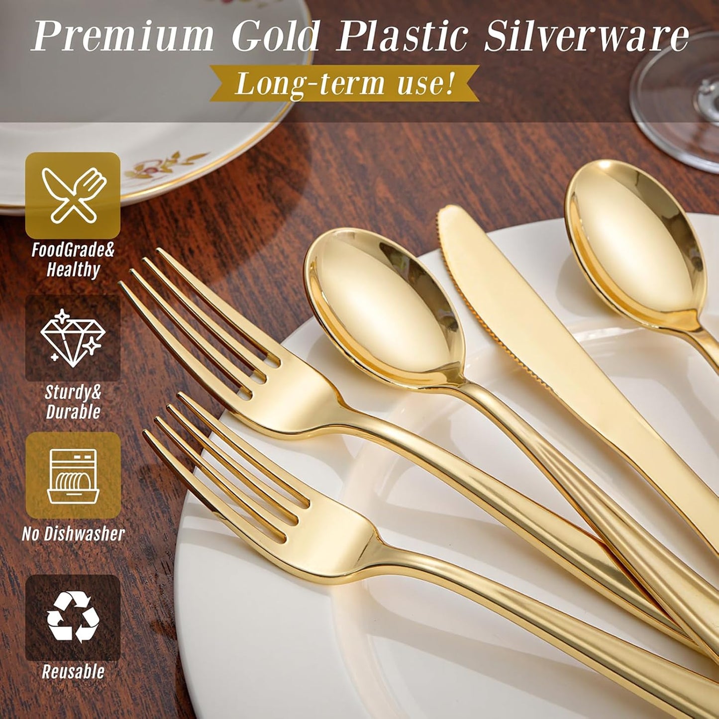 WDF300 Pieces Gold Plastic Silverware - Heavy Duty Disposable Cutlery Set Plastic Gold Silverware Set Includes 100 Forks, 100 Spoons, 100 Knives for Party Baby Shower Wedding Spring