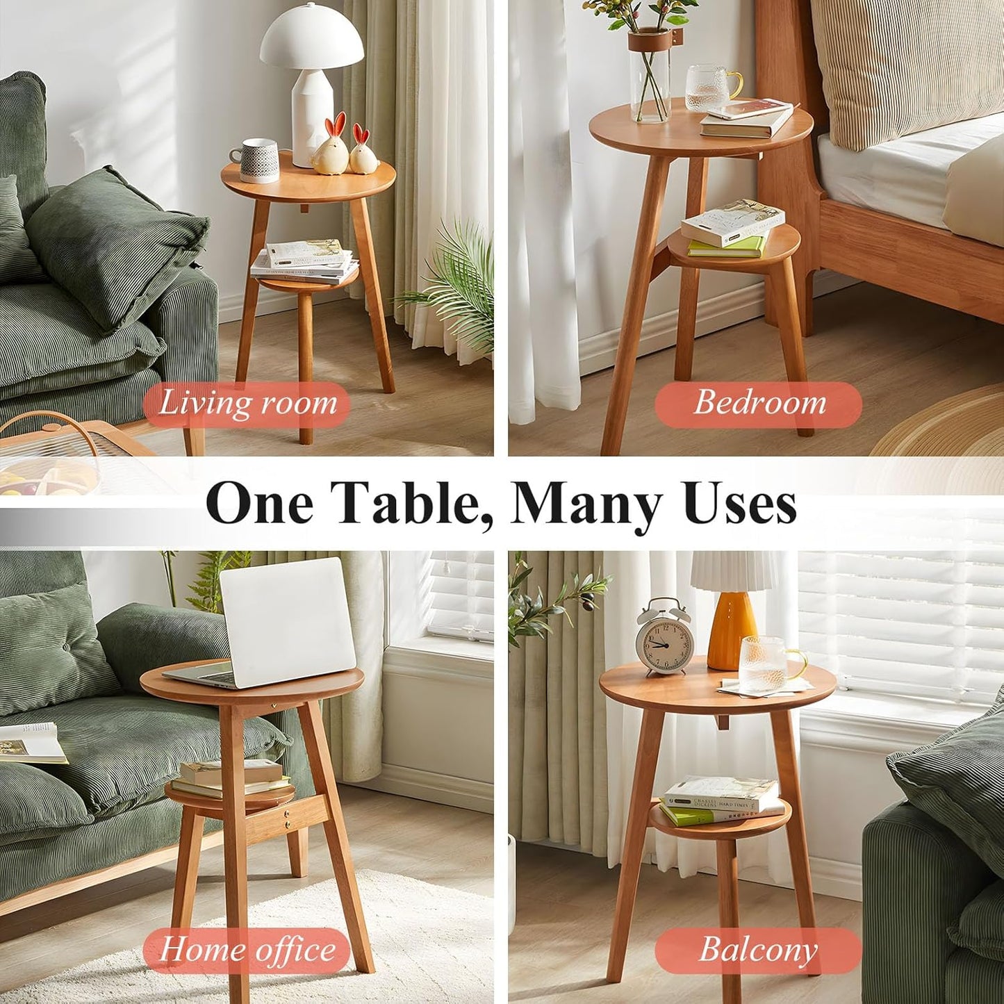 Side Table, 2-Tier Round End Tables Living Room, Mid Century Modern Side Table, Round Nightstand, Oak Accent Table, Small Round Coffee Table, 16.54" Dia.x 23.62" H(Natural)
