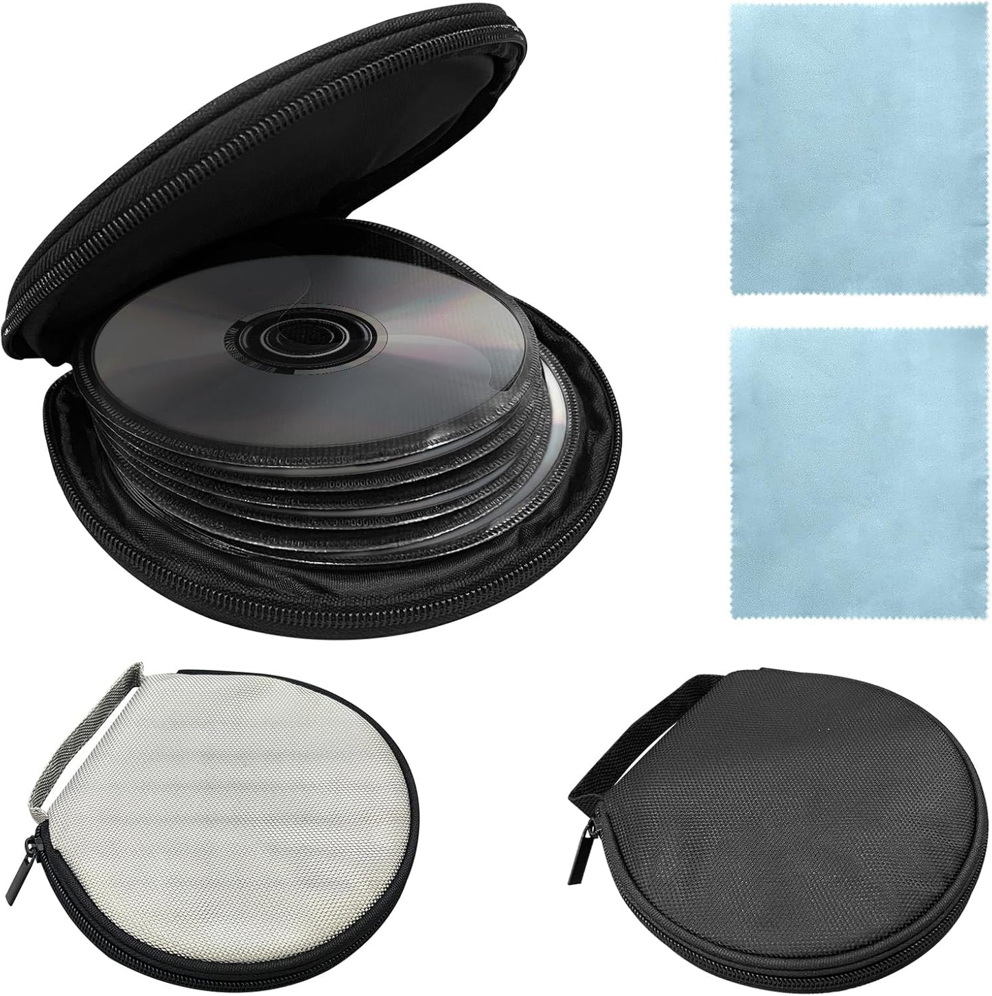 4Pac CD Case DVD Storage with Microfiber Cleaning Cloth, 20 Capacity Portable CD Storage Wallet Holder Round Binder Oxford Disc Cases Organizer for Car Home