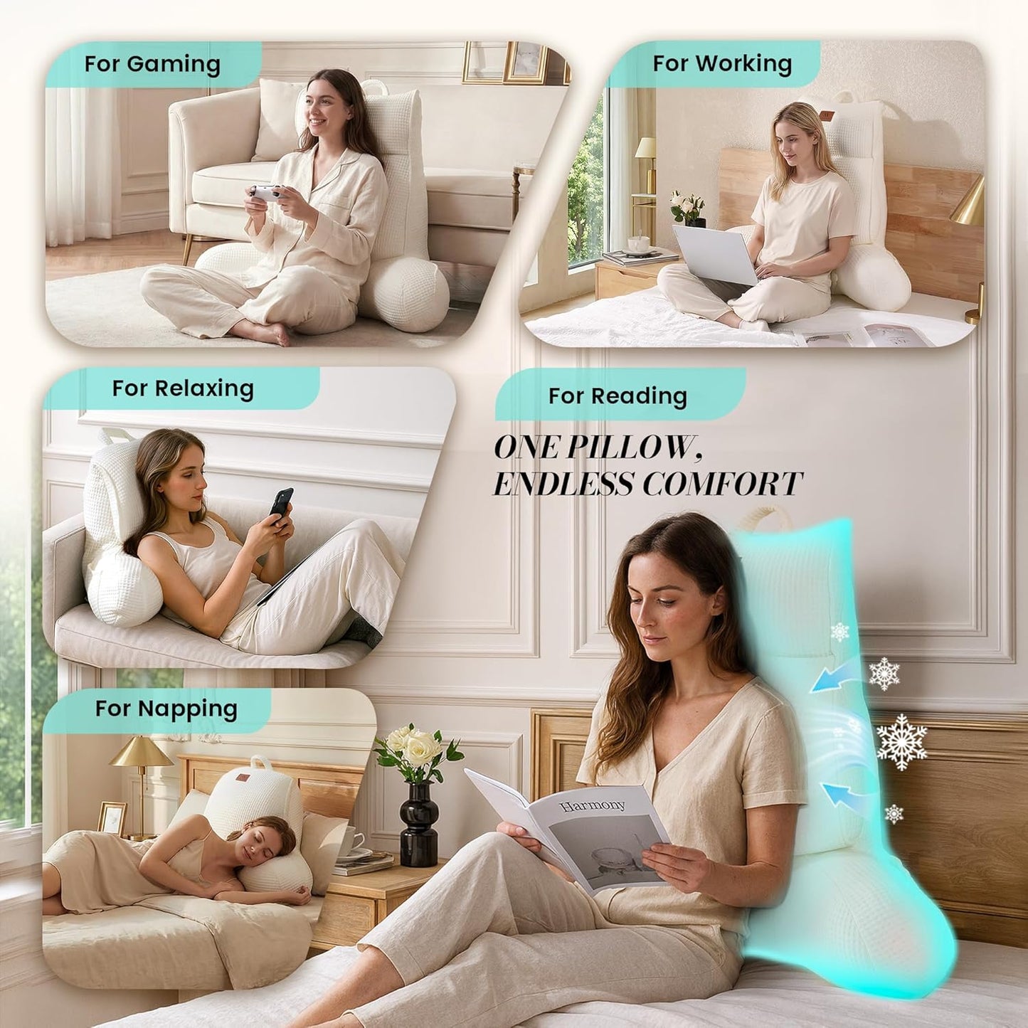 Amélie Home Premium Cooling Waffle Reading Pillow, Qmax>0.37 Ergonomic Backrest Support with Pocket & Handle, Breathable Lounging Pillow for Bed Sofa Floor Summer, 29 Inches, Ivory