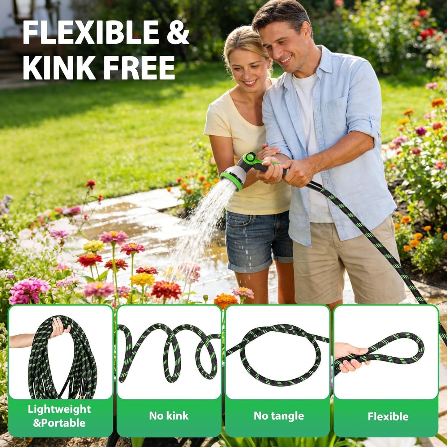Garden Hose 100 ft Water Hose Flexible Non-Expandable Outdoor Heavy Duty Lightweight Leakproof Kink-free flex Watering Hose Pipe with Nozzle for 3/4 inch Fitting Yard Lawn Outside Car Wash