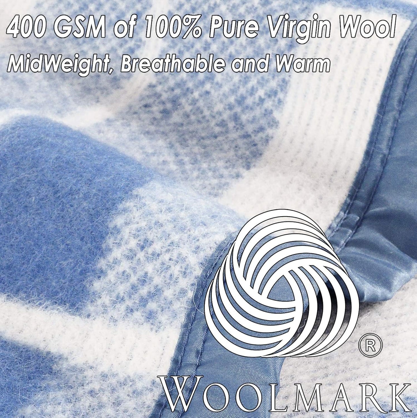 Poyet Motte Rivoli Solid 400GSM 100% Virgin Wool Blanket, Medium/Heavy Weight, Machine Washable (Blue/Natural Plaid, Twin Size)